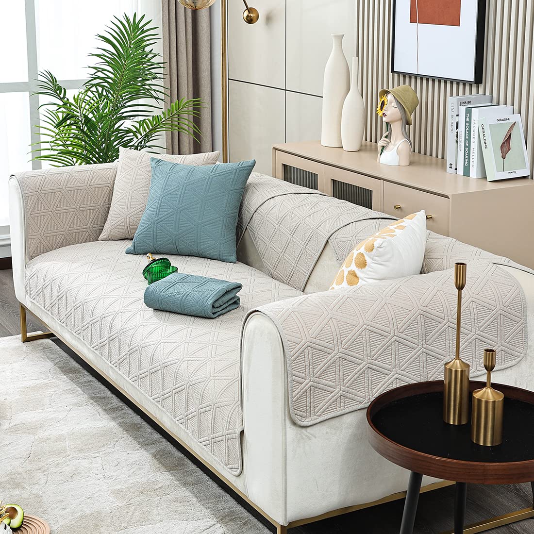 Geometric Embroidery Couch Cover - Cotton Quilted Non-Slip Sofa Slipcover with Triangle Pattern (Light Gray, 36