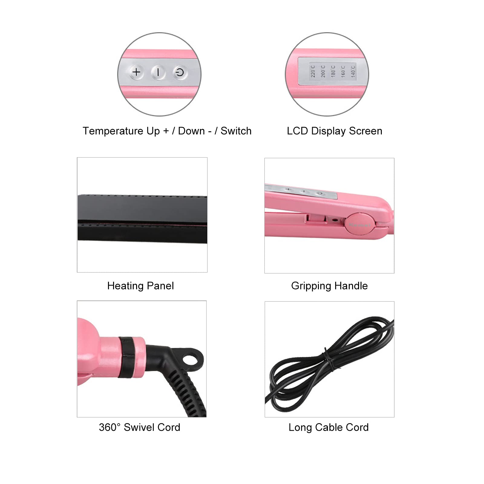 2-in-1 Hair Straightener & Curling Iron with Adjustable Temperature for All Hair Types | Fast Heating Styling Tool | Pink (EU Plug) | Perfect for Home Use, Travel & Salon Styling