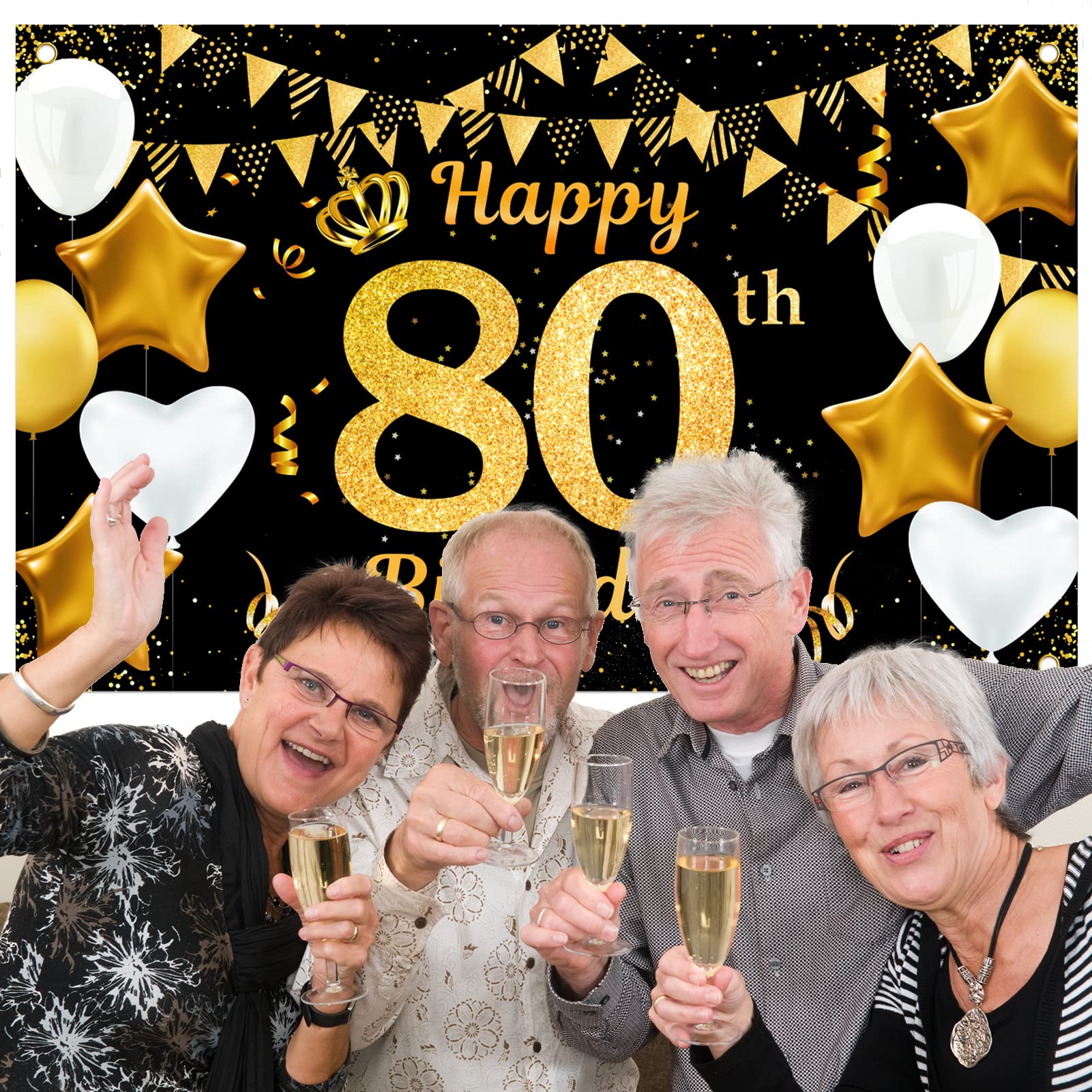 Qpout Extra Large 80th Birthday Backdrop Banner - 71 x 43.3 Inch Black & Gold Party Decoration for Men & Women | Cheers to 80 Years Celebration | Perfect for Milestone Birthday Parties, Anniversary Events & Photo Booths