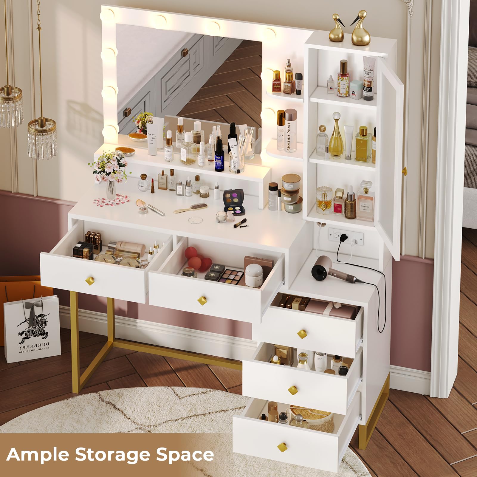 Tiptiper Makeup Vanity with Lights & Charging Station, 5 Drawers & Shelves - Perfect for Home Beauty Setup