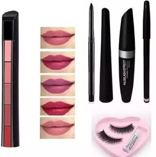 WTHUDA 5-in-1 Matte Lipstick Set (Nude Shades) with 3-in-1 Eye Makeup Kit - Includes Eyeliner, Mascara, Eyebrow Pencil, Kajal, False Lashes & Long-Lasting 36H Sketch Eyeliner (7.5g, 7-Piece Set) - Perfect for Daily Makeup, Party Looks & Professional Beauty Routines