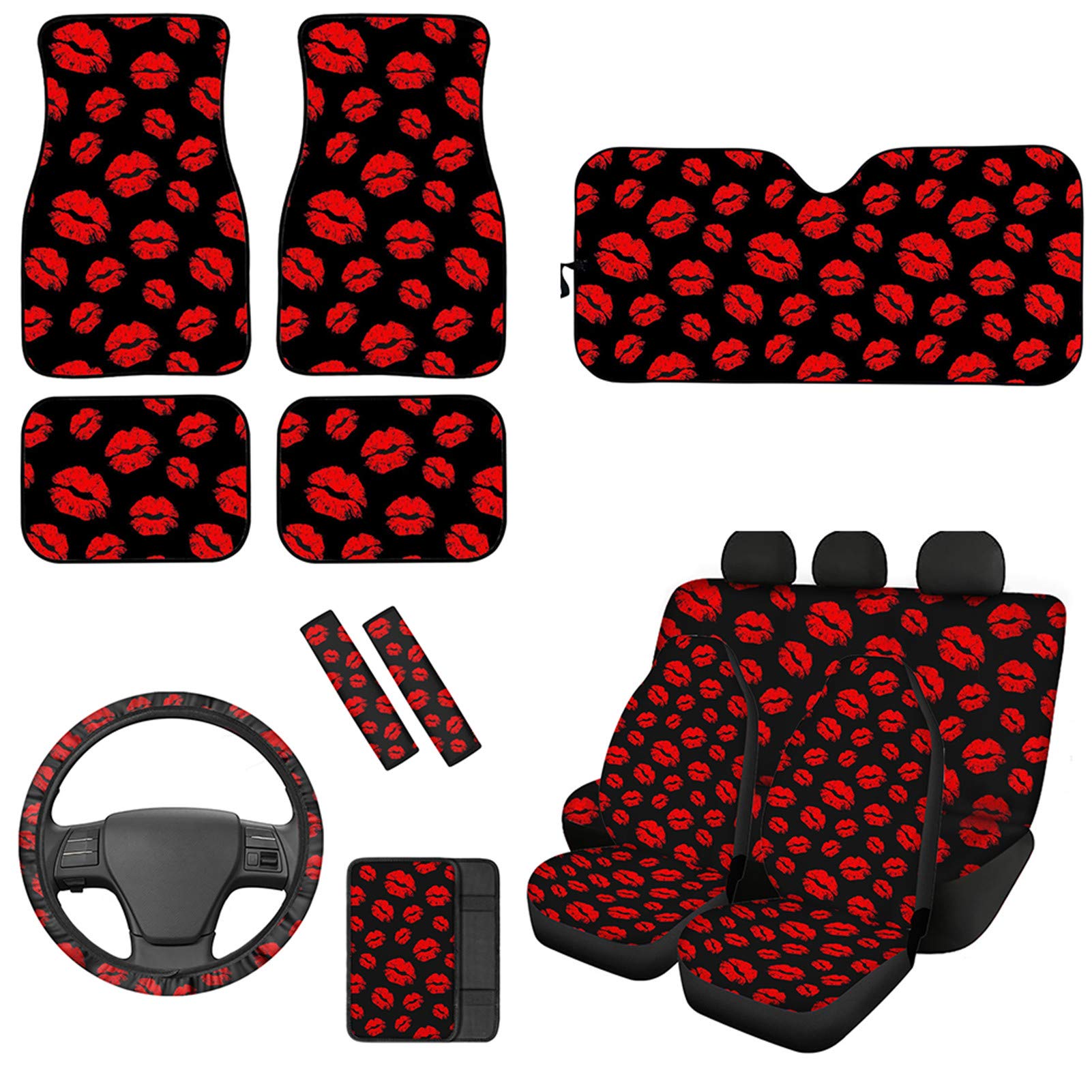 INSTANTARTS Red Kiss Lips Print Car Accessories Set - Sun Visor, Seat Covers, Floor Mats, Steering Wheel Cushion, Armrest Protector & Seatbelt Pads (2-Piece) | Universal Fit for Most Vehicles | Perfect for Road Trips, Daily Commutes & Car Protection