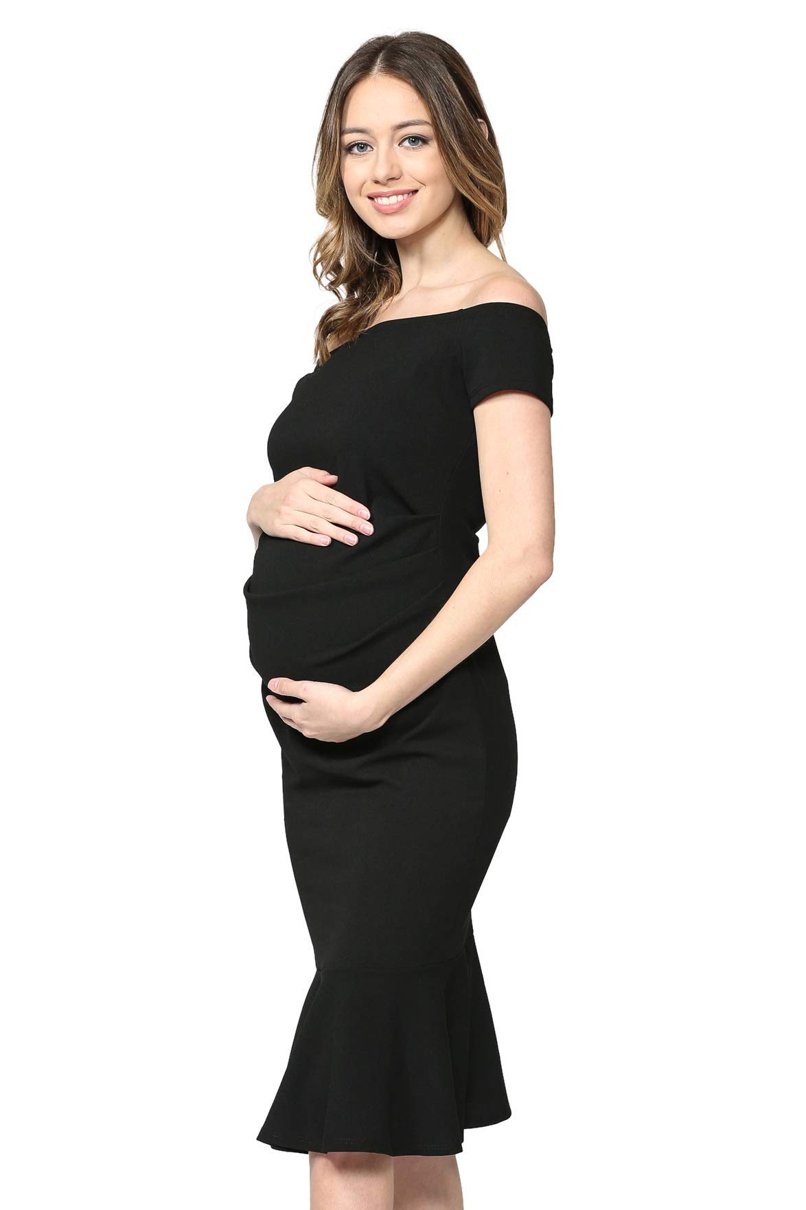LaClef Women's Off Shoulder Maternity Midi Dress with Mermaid Hem - Flowy Pregnancy Dress for Baby Shower, Maternity Photoshoot & Summer Vacation