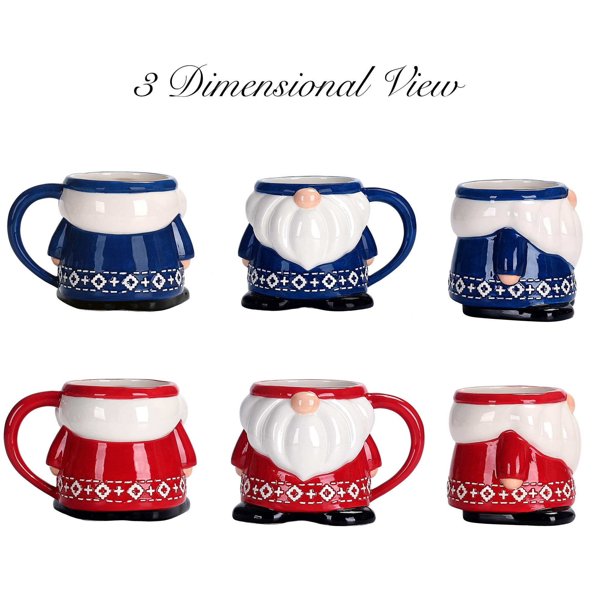 Handpainted Bico Ceramic Red & Blue Christmas Gnome 15oz Mugs Set - Microwave & Dishwasher Safe - Perfect for Holiday Gifts, Cozy Hot Drinks & Festive Home Decor
