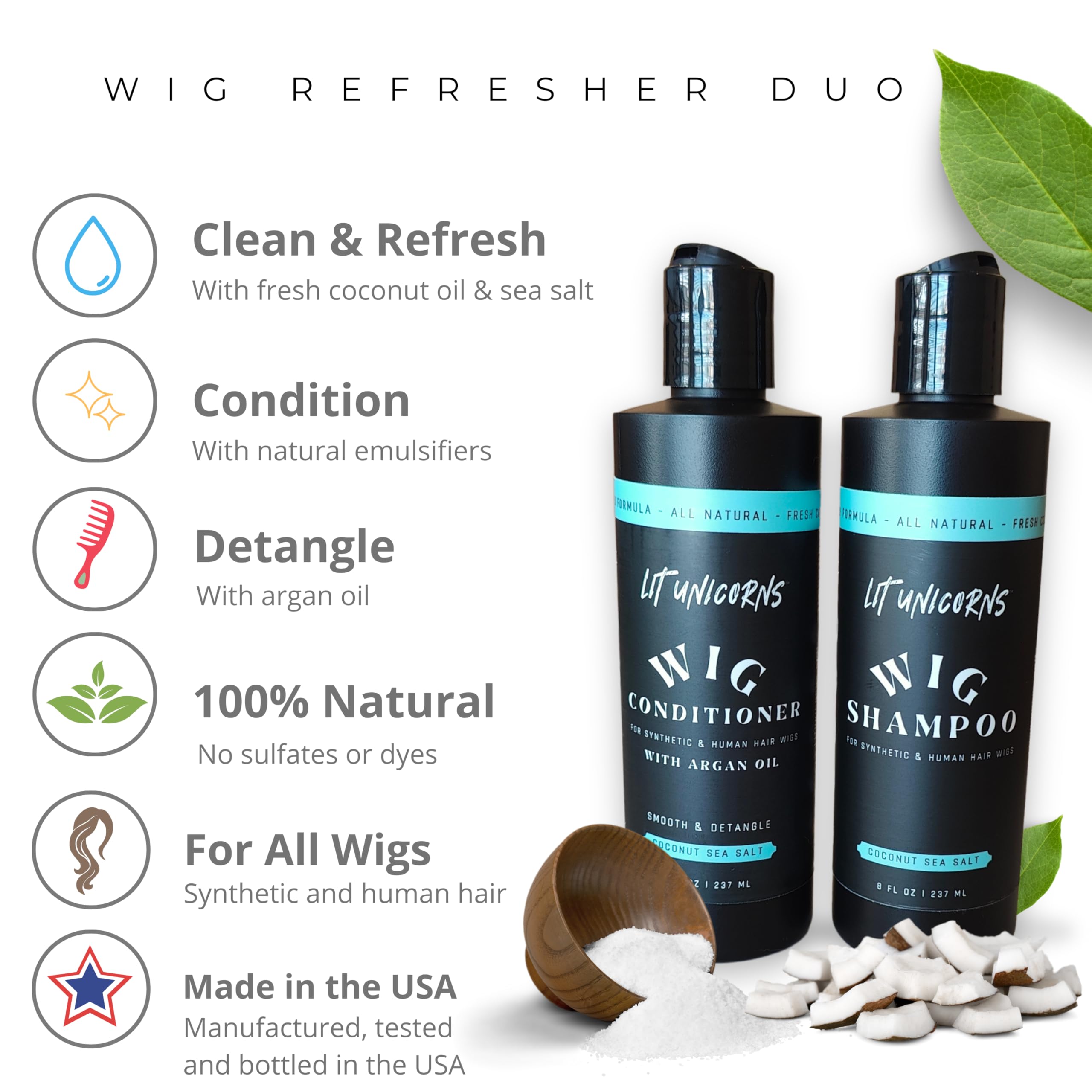 All Natural Shampoo & Conditioner Set for Human Hair & Synthetic Wigs - Coconut Scented Cleansing Formula to Detangle & Soften - Keeps Wigs Fresh & Long-Lasting - Perfect for Daily Care, Salon Use & Wig Maintenance