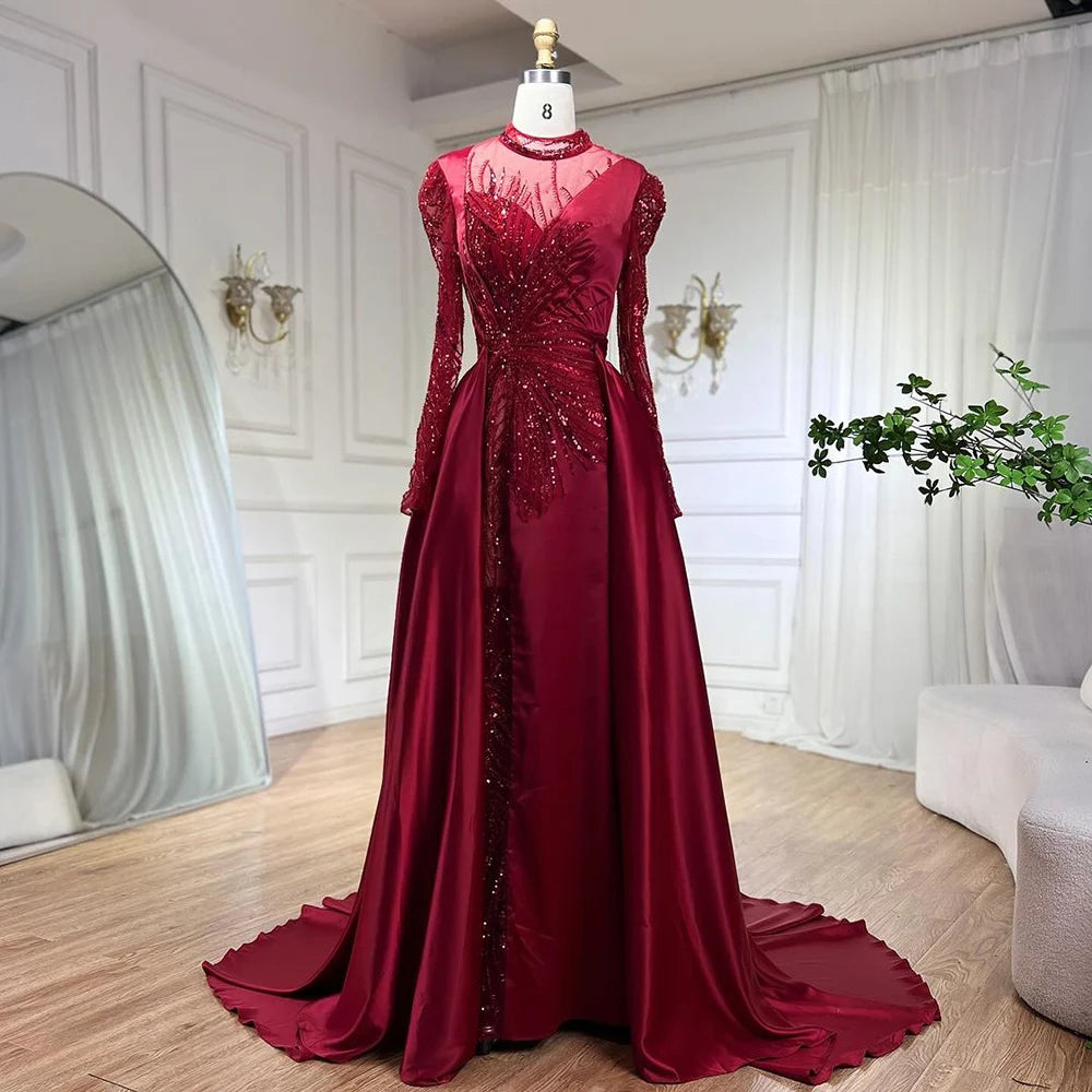 Serene Hill Wine Red Mermaid Luxury Lace Beaded Satin Evening Dress - Dubai Formal Gown for Women 2025 | Wedding, Party, Prom, Gala & Special Occasion Wear | LA72202