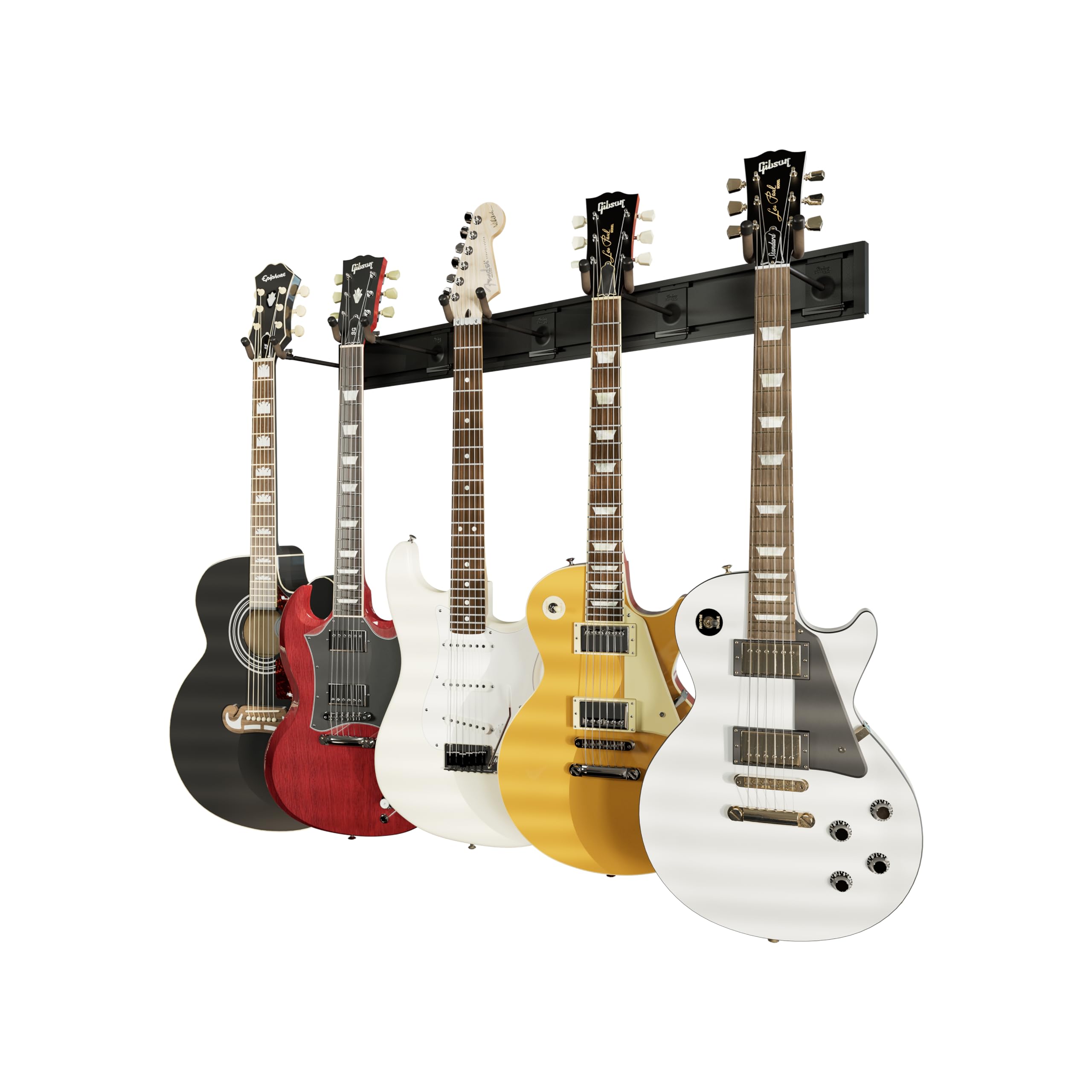 String Swing Guitar Wall Rack - 5 Padded Hangers for Acoustic & Electric Guitars | Wall Mount Guitar Organizer with Black Slatwall Rail | Made in USA | Perfect for Home Studios, Music Rooms & Stage Setups