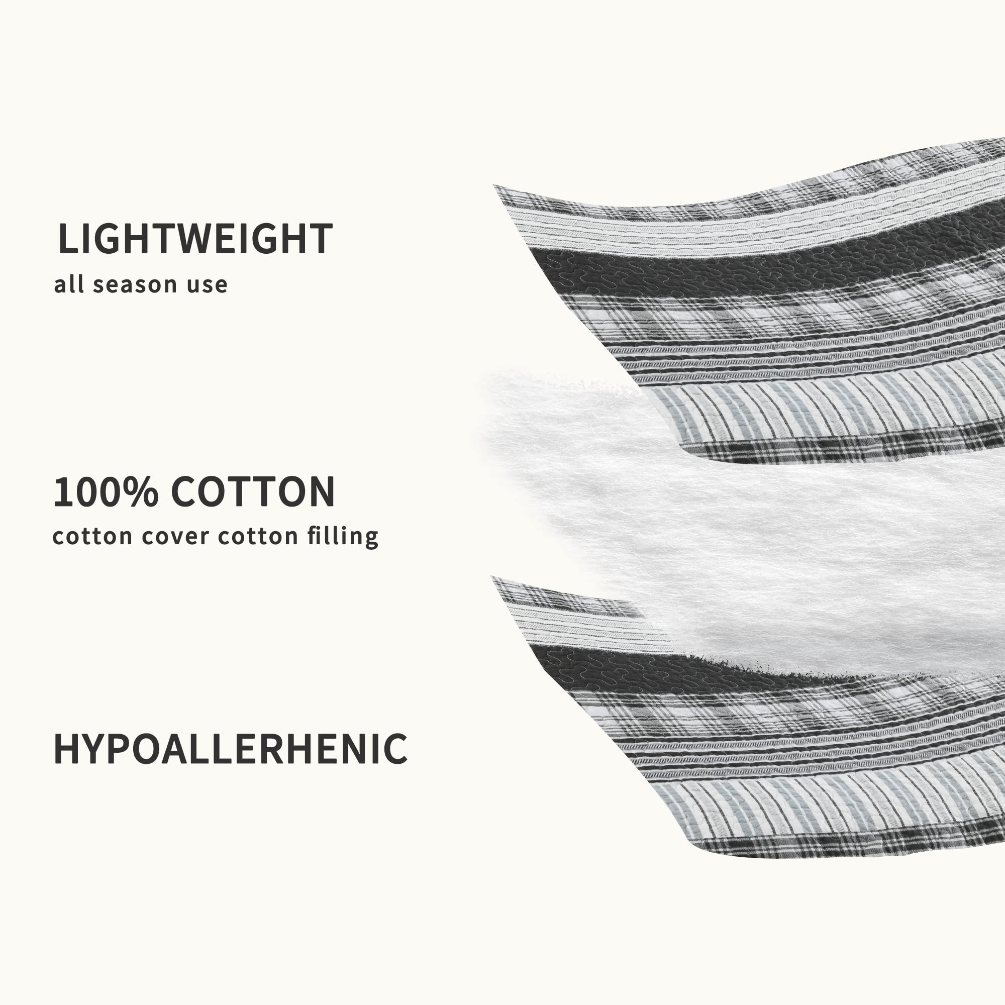 Homzard King Size Quilt - Black & White Striped Cotton Comforter Set | Grey Farmhouse Bedding | Lightweight All-Season Duvet Cover for Master Bedroom, Guest Room & Cozy Home Decor