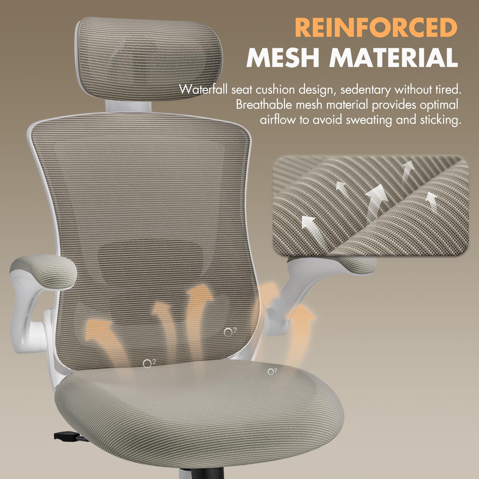 Ergonomic Office Chair with Adjustable Lumbar Support & Headrest - High Back Mesh Computer Desk Chair with Flip-Up Armrests, Breathable & Comfortable for Home Office, Gaming & Study - Perfect for Long Work Hours & Remote Work (Khaki)