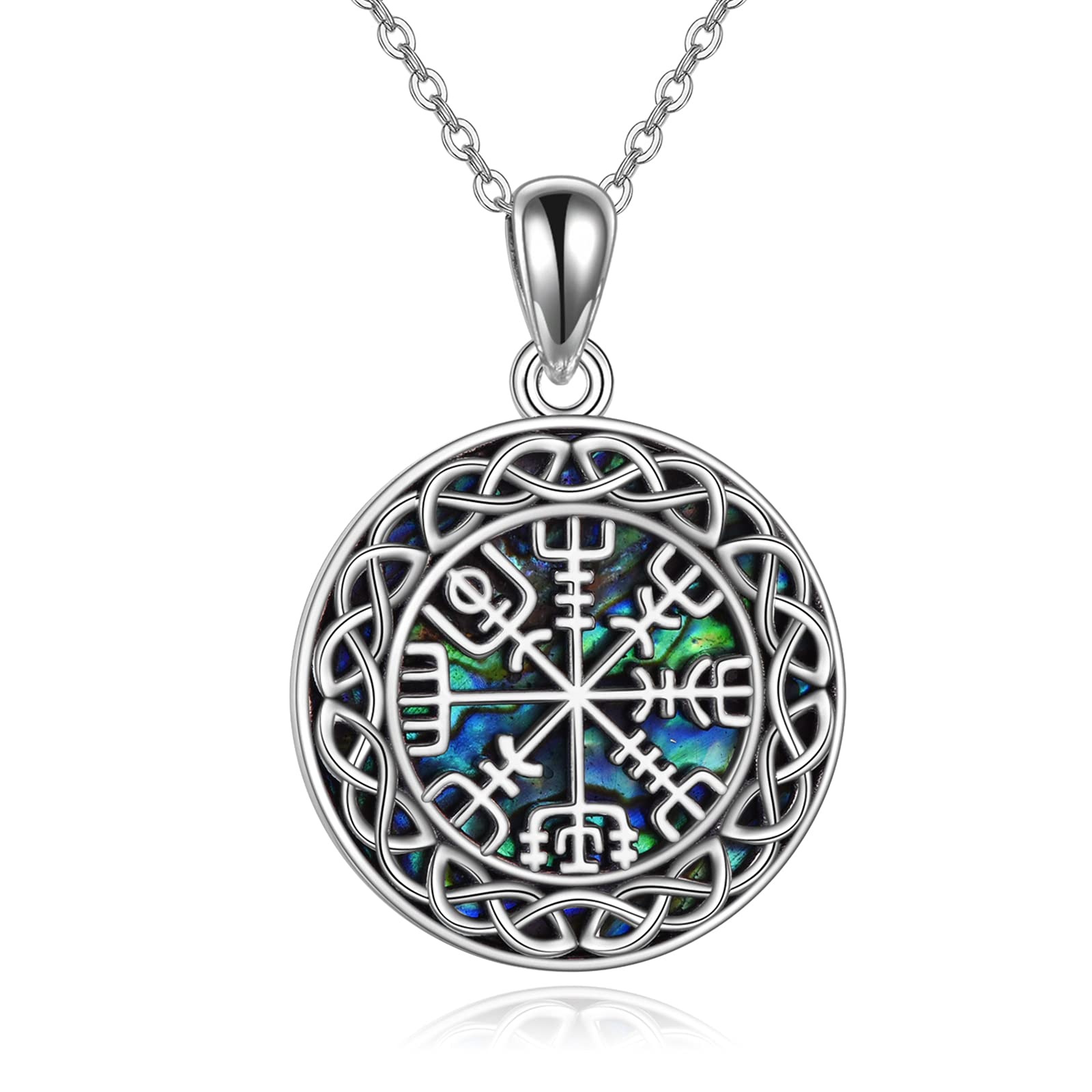 Viking Compass Necklace - Sterling Silver & Abalone Shell Celtic Jewelry with Norse Vegvisir Pendant | Pagan Irish Nordic Jewelry for Men & Women | Perfect for LARP, Cosplay & Viking Enthusiasts