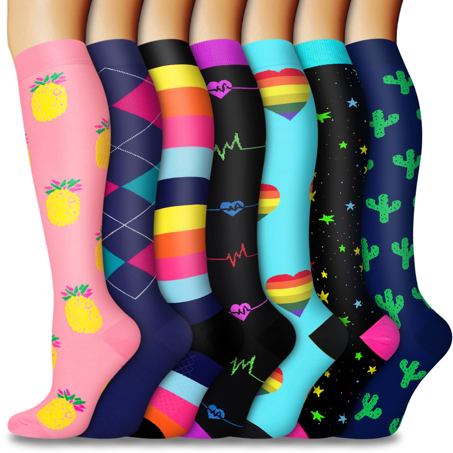 5/7 Pairs Compression Socks for Women & Men - Medical Grade Support Stockings for Running, Nursing, Travel & Circulation - Improve Blood Flow & Reduce Leg Fatigue (Ideal for Athletes, Nurses & Frequent Flyers)