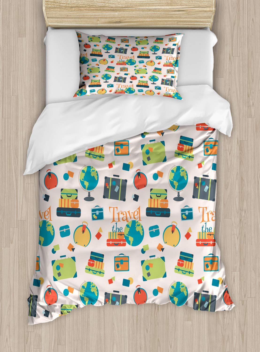 Ambesonne Travel The World Duvet Cover Set - Colorful Suitcases & Globe Print 2-Piece Bedding with Pillow Sham, Twin Size Multicolor | Perfect for Wanderlust Bedrooms & Travel-Themed Decor