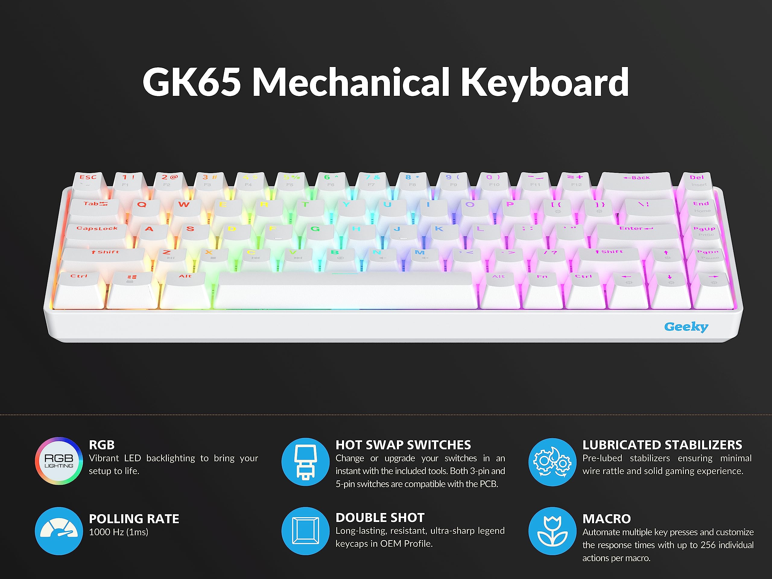 Geeky GK65 65% Hot Swappable Mechanical Gaming Keyboard - 68 Key RGB Backlit Wired Keyboard for PC & Mac | ANSI US Layout (White/Black Switch) | Perfect for Esports, Coding & Office Work