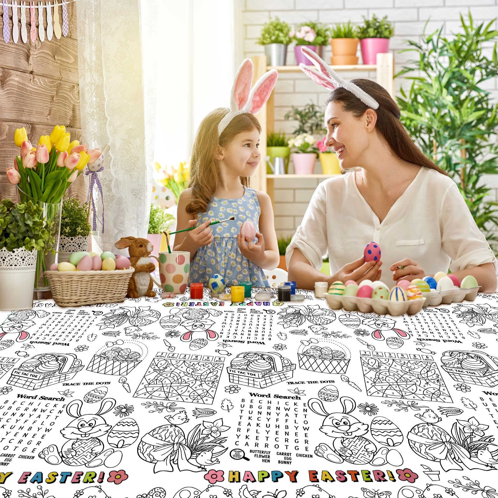 Happy Easter Coloring Tablecloth for Kids - Giant 54 x 108 Inch Easter Bunny Activity Table Cover | Spring Party Decorations, DIY Crafts & Easter Egg Hunt Supplies | Perfect for Classroom Activities & Family Gatherings
