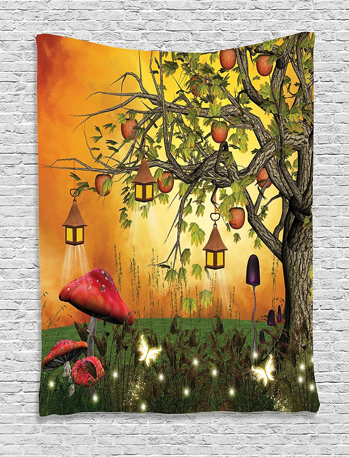 Ambesonne Fantasy Tapestry - Enchanted Forest Wall Art with Fairies, Butterflies & Elves Under Apple Tree | 60x80 Inch Orange Wall Hanging for Bedroom, Living Room, Dorm Decor | Perfect for Boho, Fairy Tale & Fantasy Theme Rooms