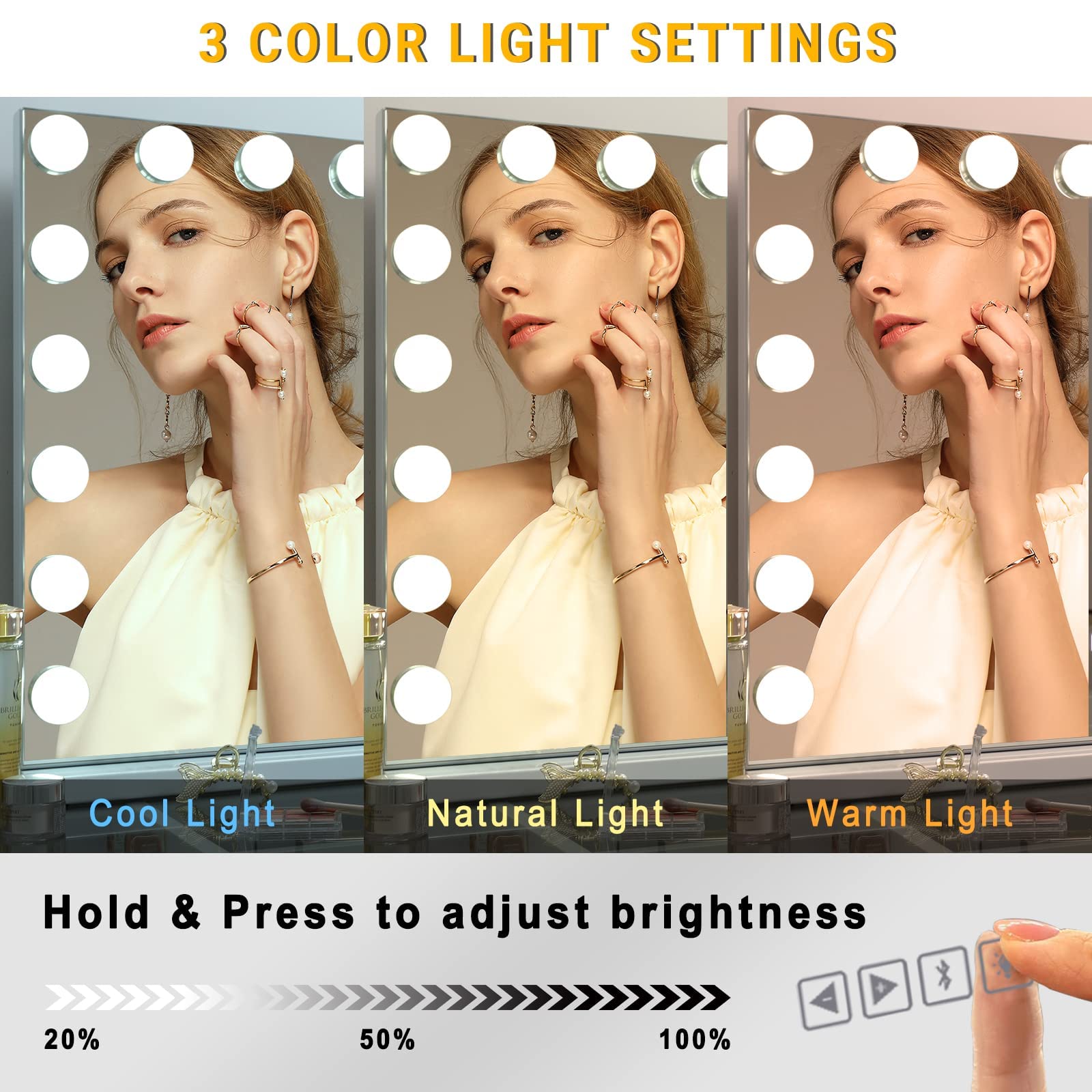 Fenair Large Hollywood Vanity Mirror with Lights & Bluetooth Speaker - 18 Dimmable LED Bulbs, 3 Color Modes, USB Charging Port - Perfect for Makeup, Skincare, Dressing Room & Salon Use