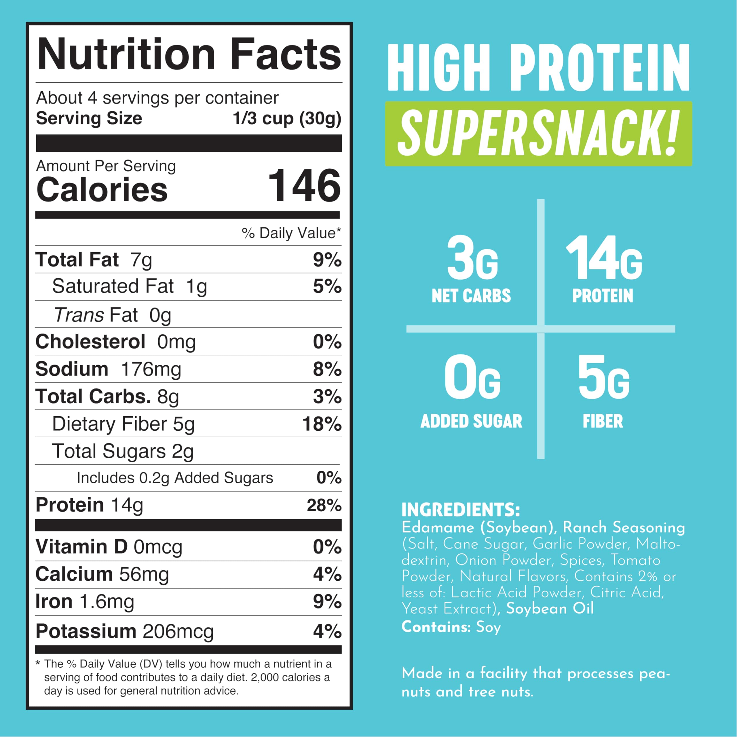 Dry Roasted Edamame Snacks - Ranch Flavor | Vegan, Gluten Free, Low Carb, Keto Friendly | High Protein Healthy Snacks for Kids & Adults | Diabetic & Low Calorie | 4oz Pack of 3 | Perfect for Office, School & On-the-Go Snacking