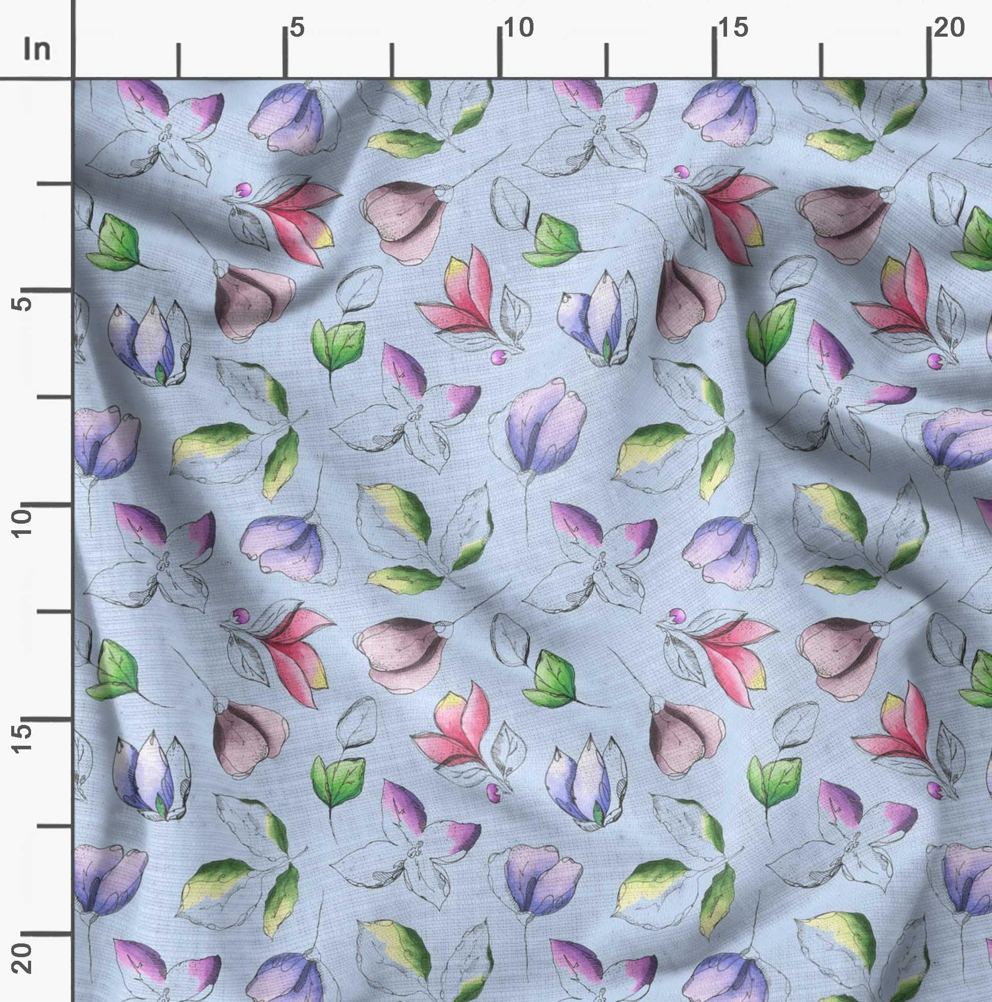 Soimoi Moss Georgette Blue Fabric by The Yard - 42 Inch Wide Printed Fabric with Artistic Leaf & Floral Patterns for DIY Fashion, Home Decor, and Craft Projects