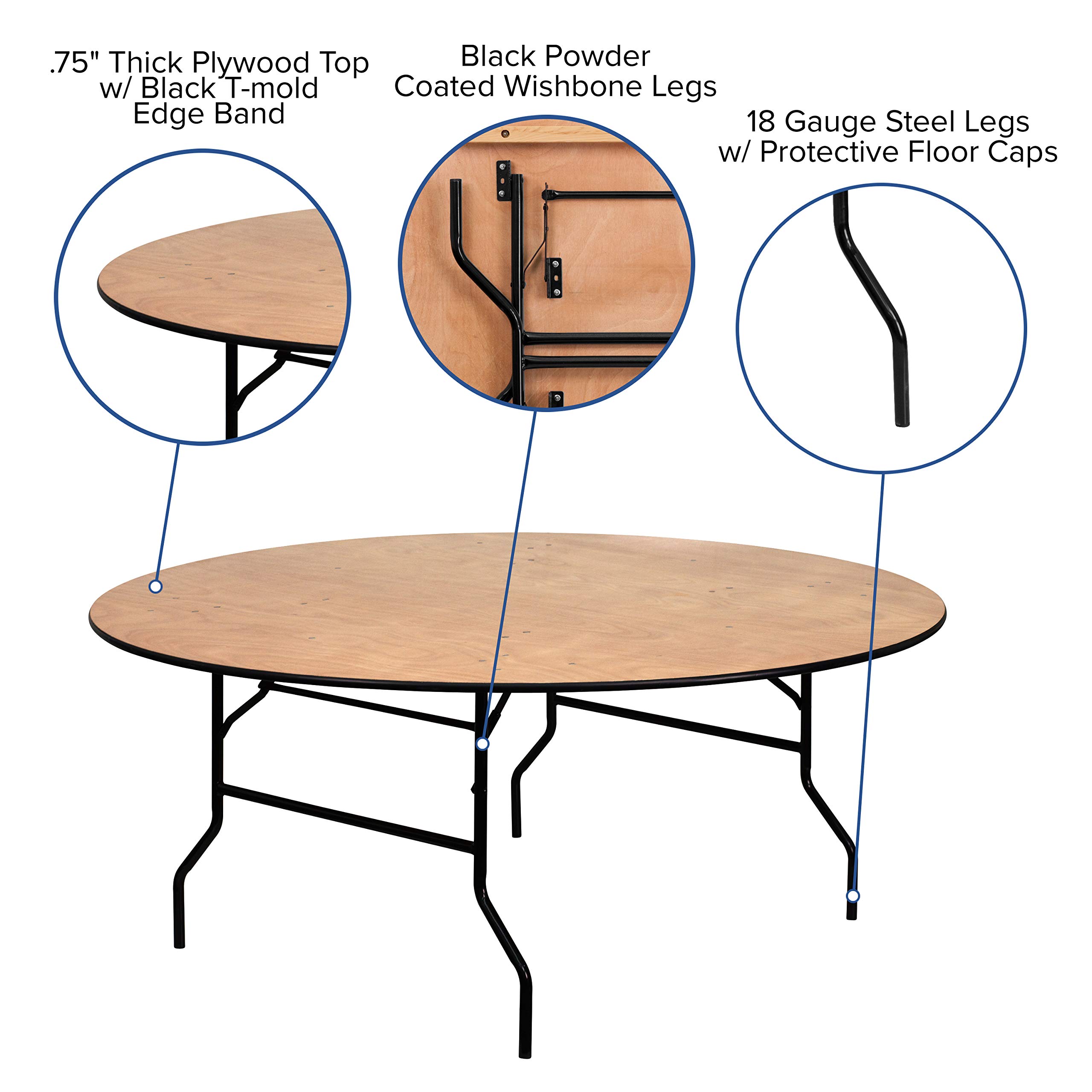 Flash Furniture Furman 6-Foot Round Wood Folding Table - Portable Banquet & Event Table with Wooden Top, Natural/Black - Perfect for Parties, Weddings, Picnics & Indoor/Outdoor Events