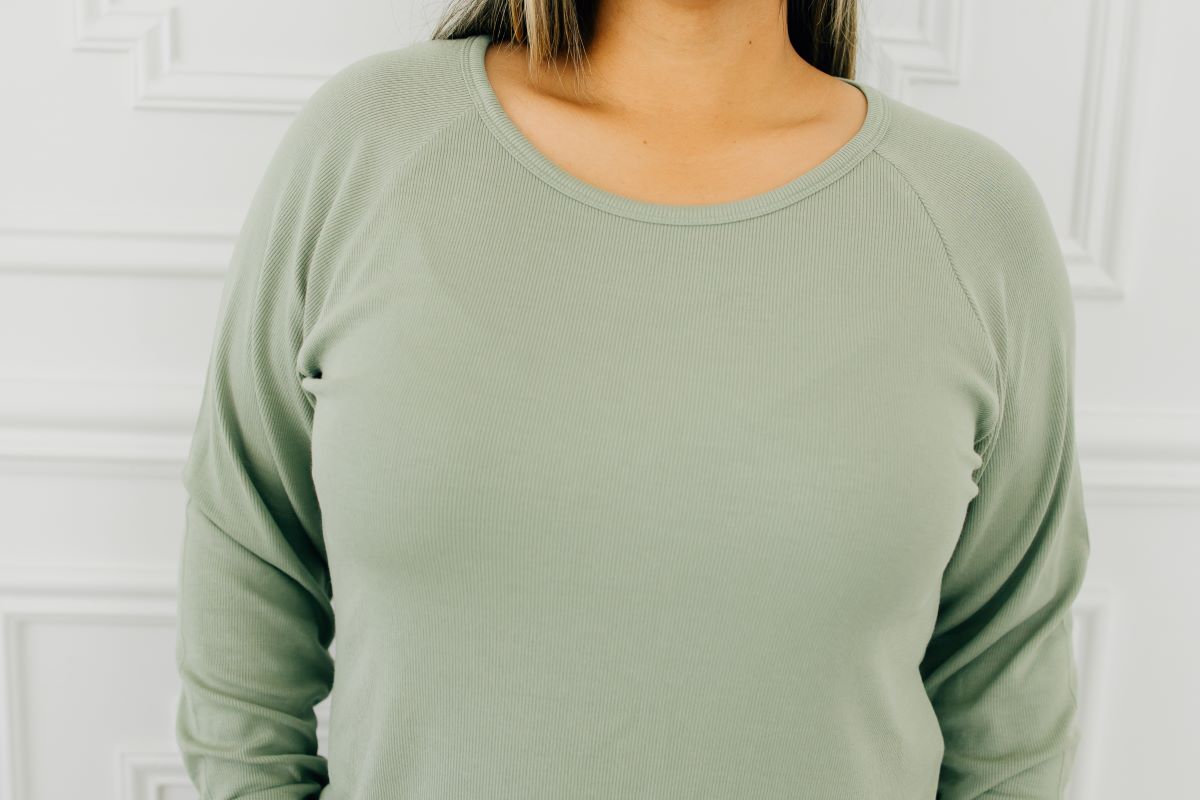Sage Ribbed Adult Raglan Top - Women's Long Sleeve Casual T-Shirt for Everyday Wear, Workout & Layering | Soft Stretchy Fabric | Trendy Streetwear Style