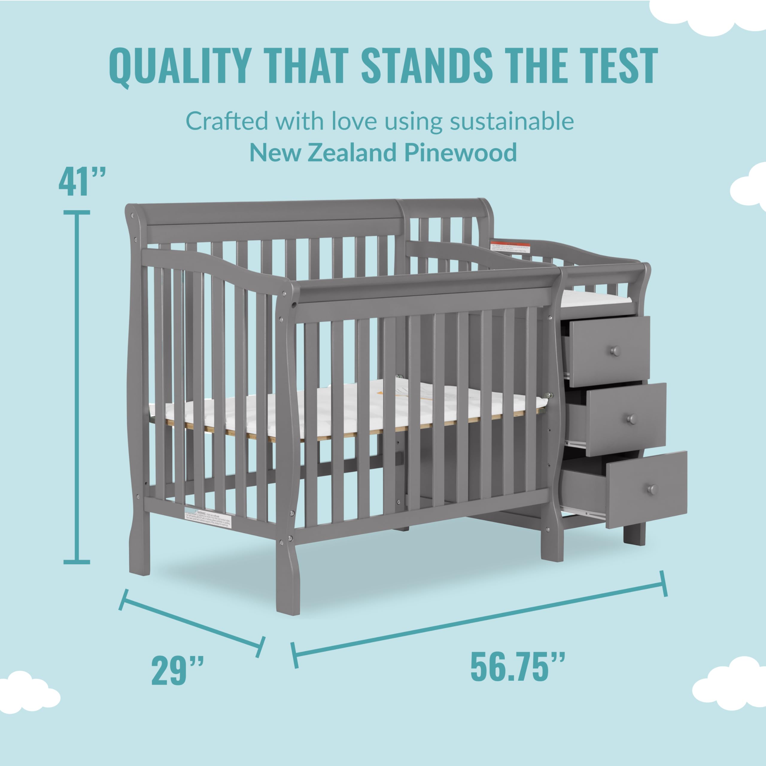 **Dream On Me Jayden 4-in-1 Convertible Mini Crib & Changer – Storm Grey, GREENGUARD Gold Certified, Non-Toxic New Zealand Pinewood, 1