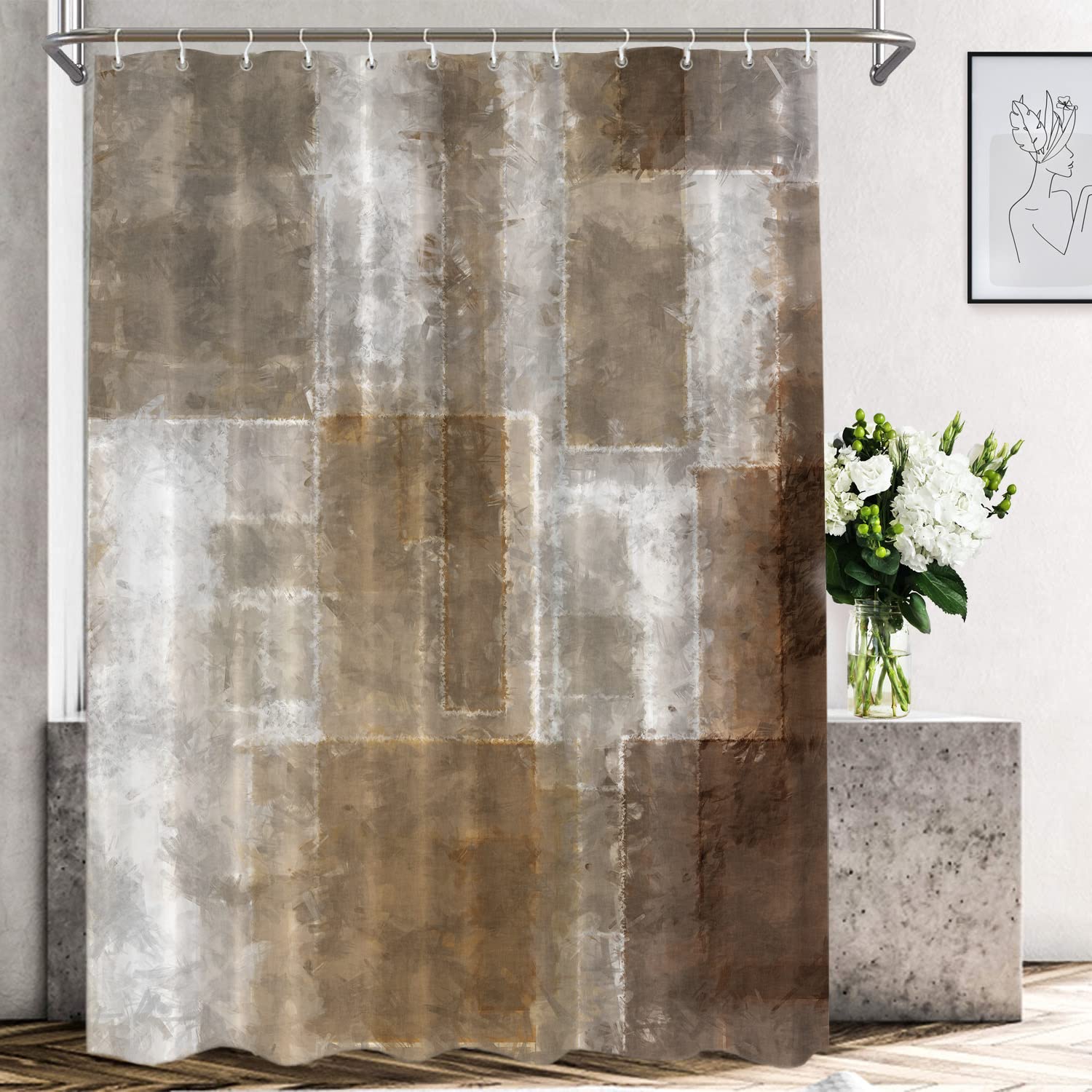 Shrahala Modern Colorful Contemporary Art Shower Curtain - 72x72 Inch Waterproof Bathroom Decor with Brown & White Abstract Painting - Perfect for Bathtubs, Showers & Home Decor