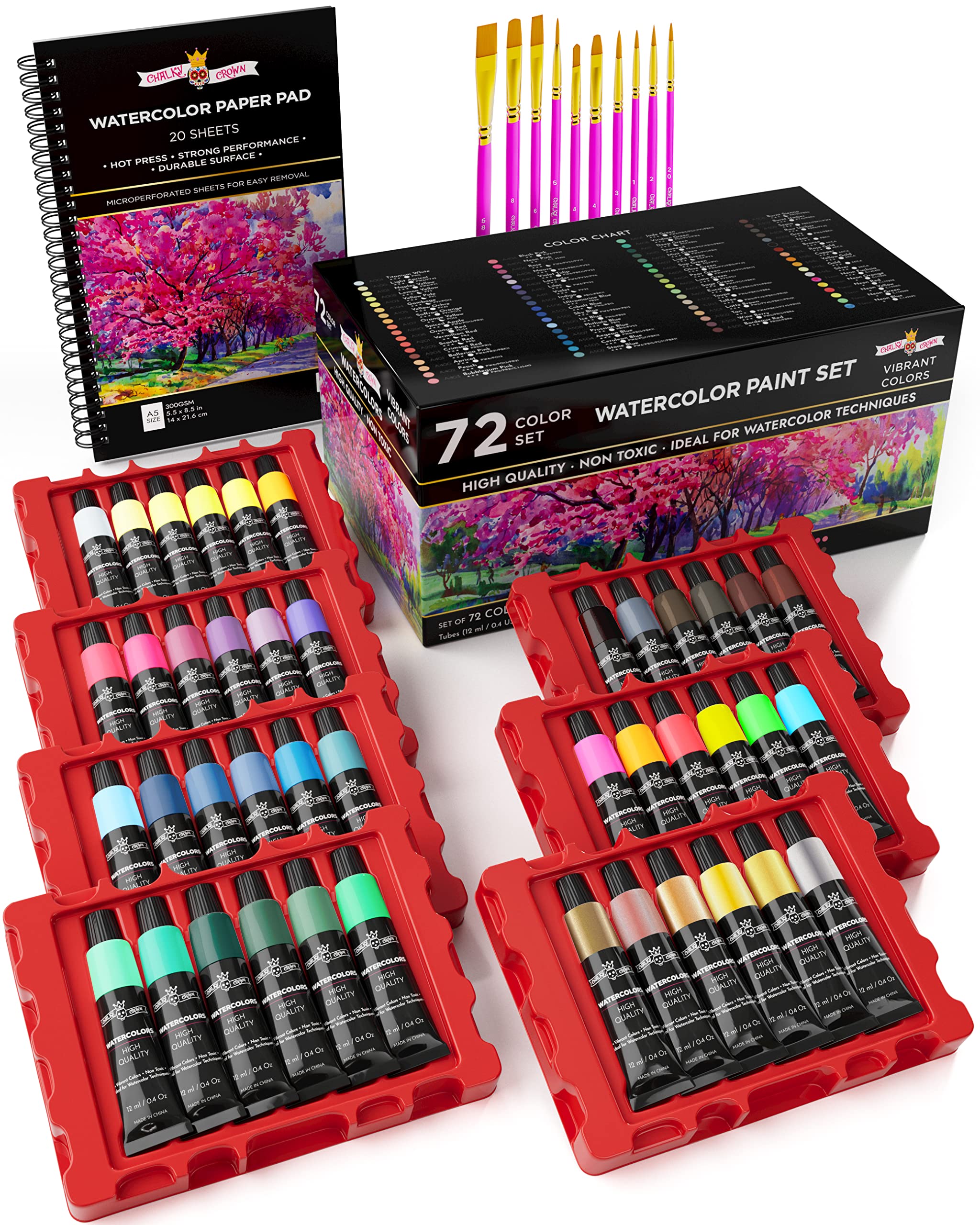 CHALKY CROWN 72-Color Watercolor Paint Set for Kids - Premium Watercolor Tubes, Painting Paper Pad & 10 Brushes - Complete Art Kit for Children's Creative Projects, School Art Class & DIY Home Painting Activities