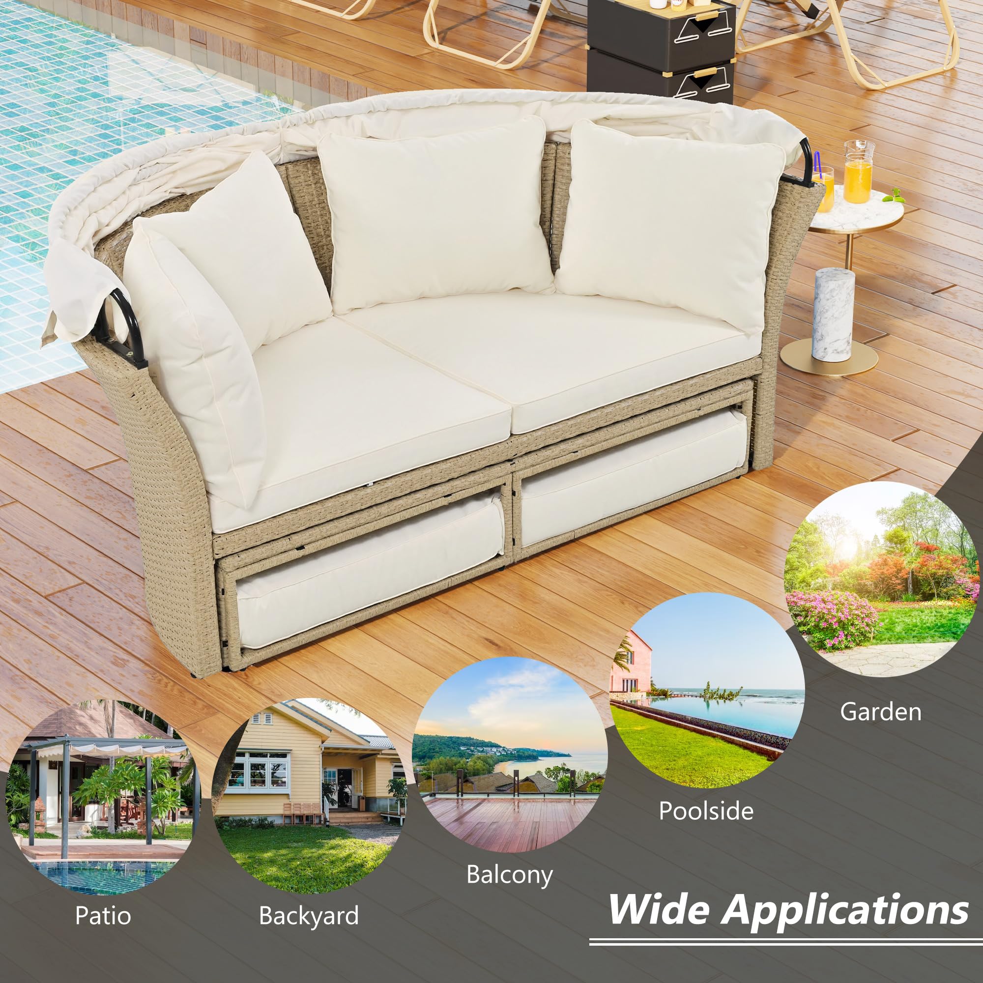 P PURLOVE Outdoor Canopy Bed Patio Daybed with 4 Pillows - Wicker Rattan Double Daybed Round Sofa Set with Retractable Canopy - 2-Person Patio Furniture for Lawn, Garden, Backyard, Poolside (Beige) - Perfect for Relaxing, Sunbathing & Outdoor Lounging