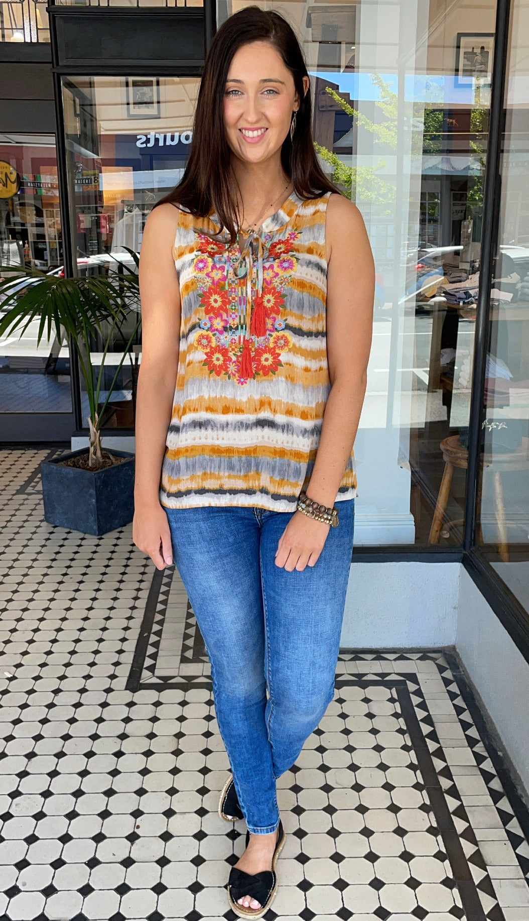 Tie Dye Embroidered Sleeveless Women's Top - Marigold Yellow Boho Summer Blouse for Beach, Festival & Casual Wear