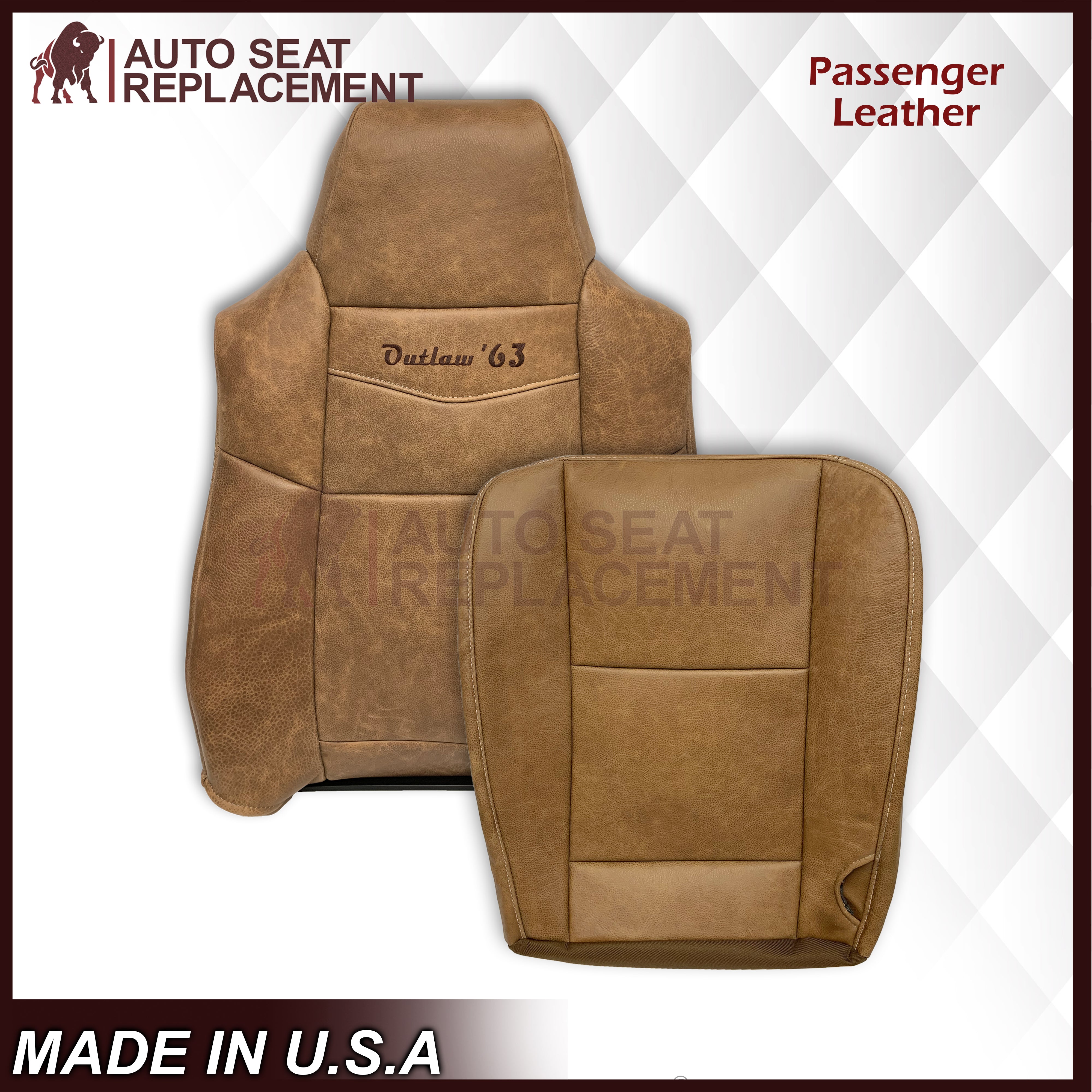 2007 Ford F250 F350 King Ranch Genuine Cowhide Leather Front Seat Covers with Outlaw '63 Logo - Premium Replacement for Truck Seats - Perfect for Restoration & Off-Road Adventures