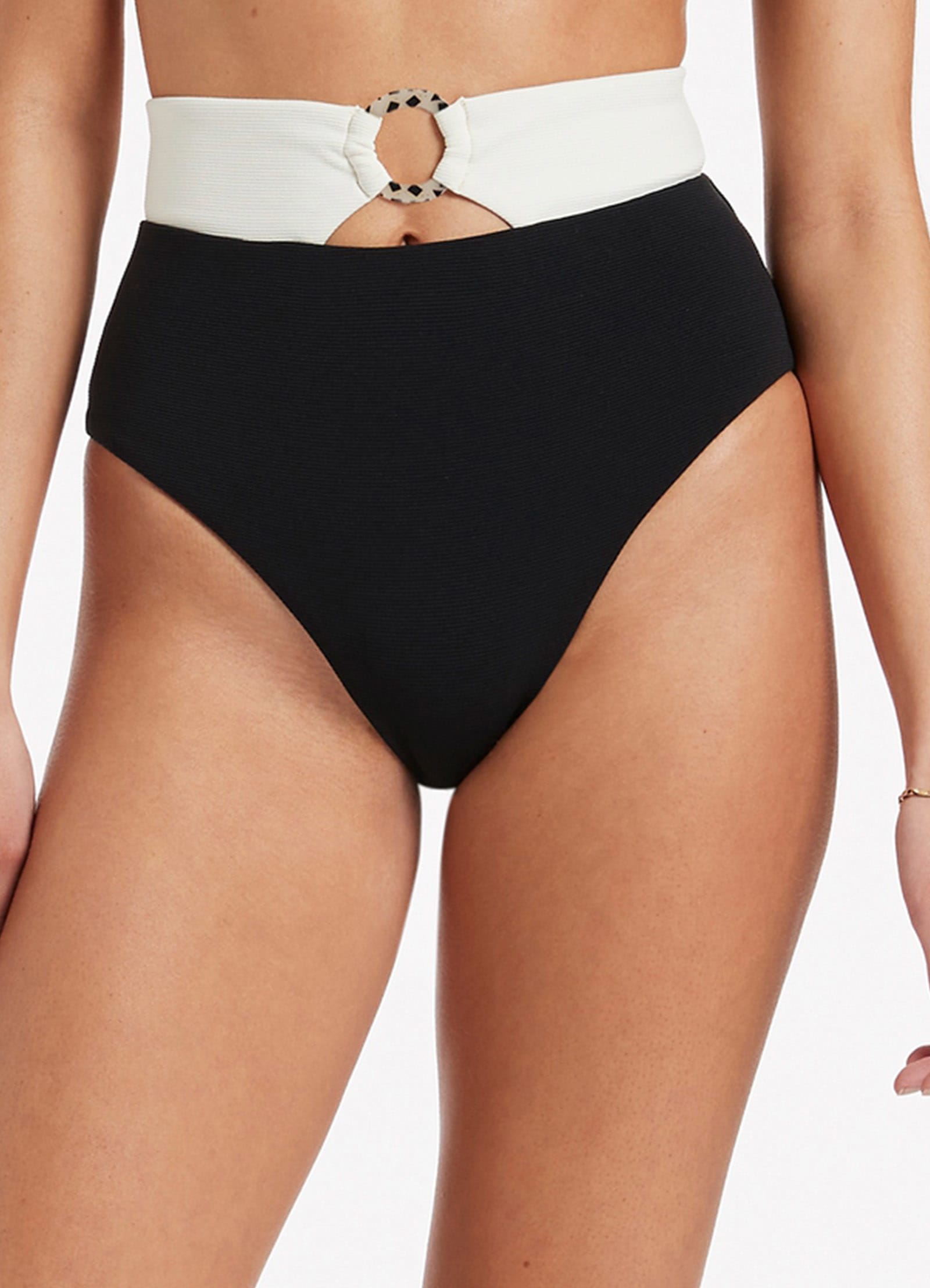 Versa Rib High Waist Bikini Bottom - Black & Cream | Sexy Swimwear for Women | Perfect for Beach, Pool & Summer Vacations