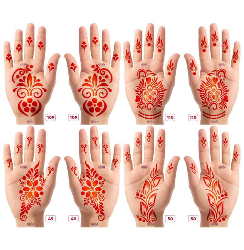 APcute Henna Tattoo Stencils for Girls, Women & Kids - Easy to Use Mehndi Design Stickers (Set of 8 Pieces, Designs No. 109,110,49,50) - Perfect for Parties, Weddings & Festive Celebrations