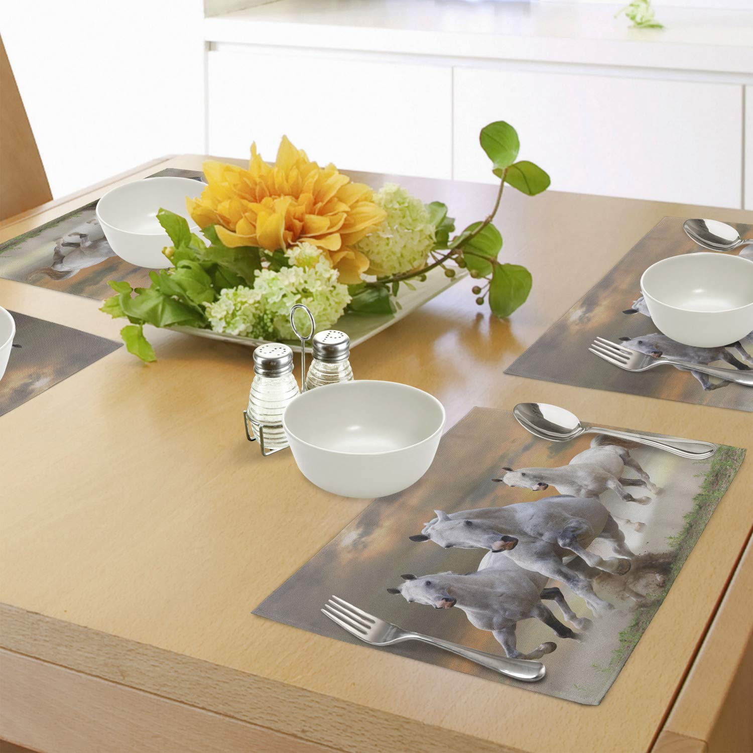 Ambesonne 4-Piece Horses Placemats Set - Stallion Horses Running on Mystic Sky Equestrian Print, Washable Fabric Table Mats for Dining Room & Kitchen Decor (White & Orange) - Perfect for Dinner Parties, Holiday Gatherings & Western-Themed Events