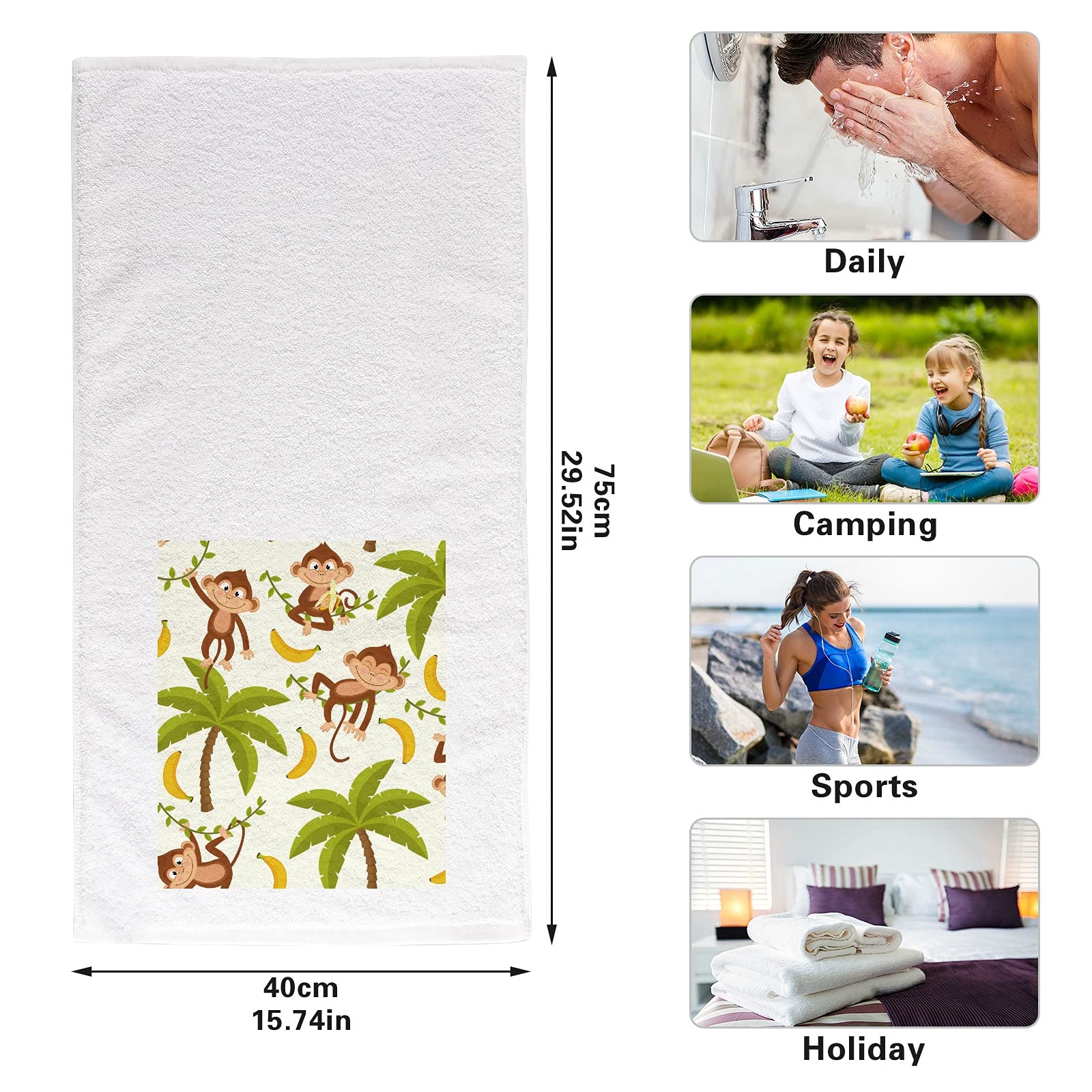 ALAZA 100% Cotton Hand Towel - Soft Monkey Palm Tree Banana Print Bath & Kitchen Towel for Face, Hair, Dish Drying | Perfect for Bathroom Decor, Kitchen Use & Tea Time