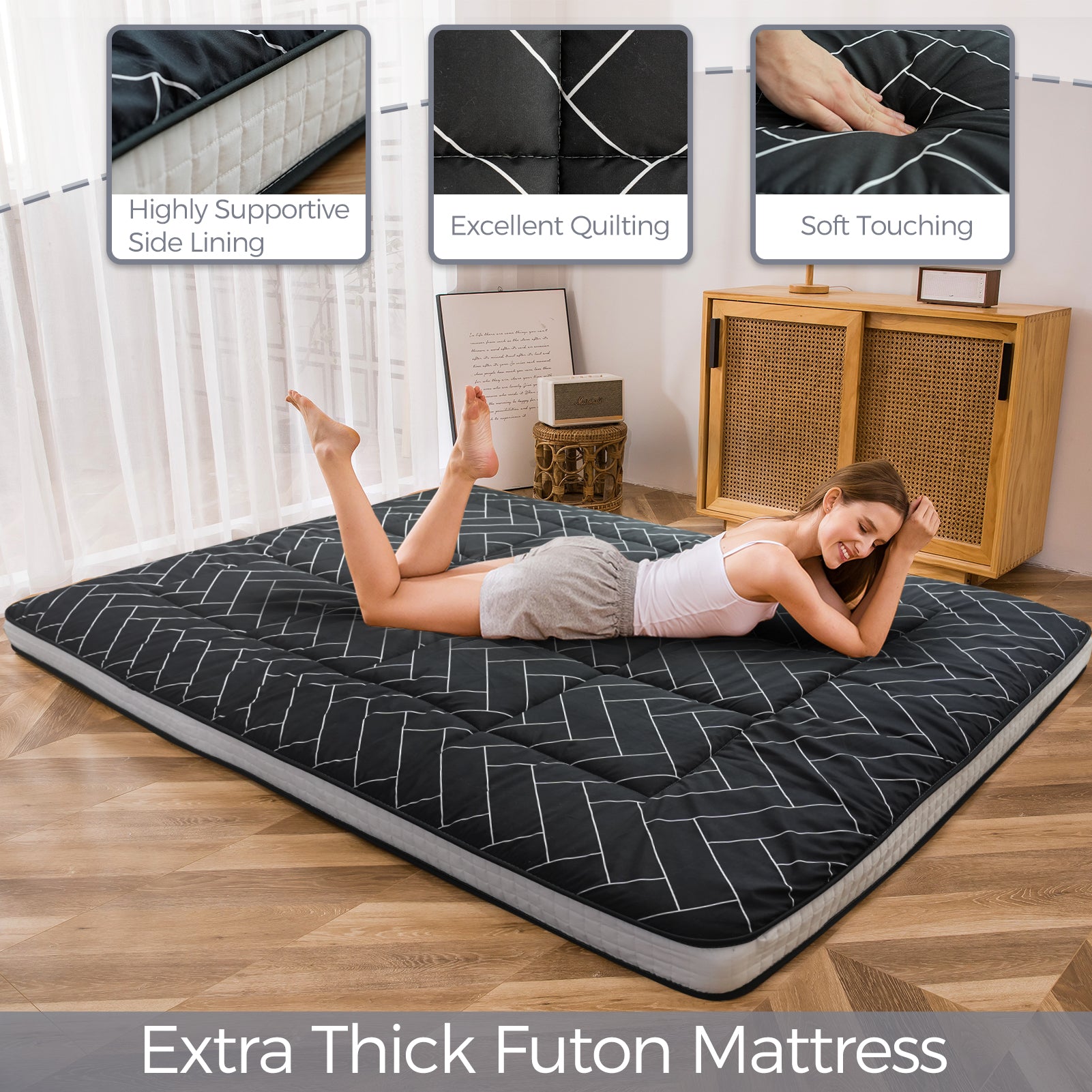 MAXYOYO Japanese Floor Futon Mattress - Black Geometric Pattern, 3-Inch Thick Foldable Sleeping Pad for Guest Bed, Floor Bed, Camping & Travel | Comfortable & Space-Saving