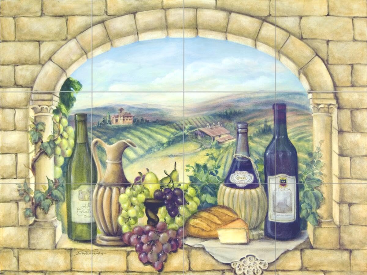 Tuscan Wine Tile Mural Wall Art - Hand-Painted by Artist Rita Broughton - Perfect for Kitchen Backsplash, Bathroom Decor & Mediterranean Home Accents
