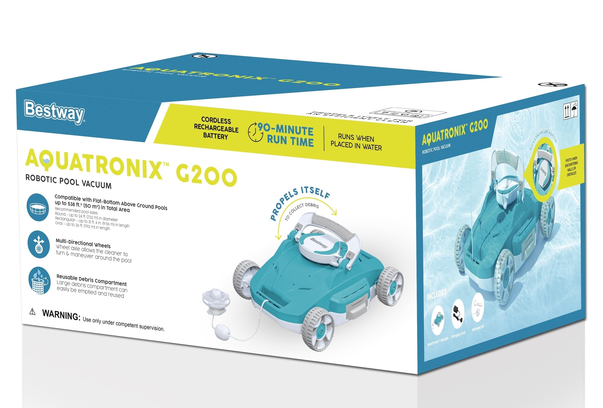 Bestway AquaTronix G200 Cordless Robotic Pool Cleaner - Automatic Vacuum for Flat Bottom Inground & Above Ground Swimming Pools, Cleans Debris Up to 538 SqFt - Perfect for Weekly Pool Maintenance & Seasonal Opening Prep