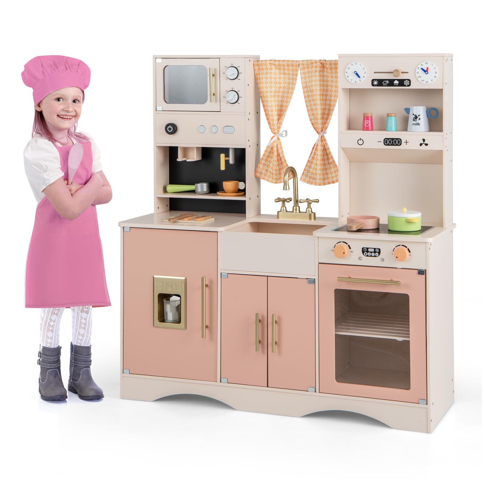 COSTWAY Wooden Play Kitchen Toy with Microwave, Coffee Maker, Ice Machine, Sink, Clock, Oven & Accessories - Pink Pretend Cooking Set for Toddlers & Kids Ages 3+ | Interactive Role Play, Imaginative Fun, Birthday Gift for Girls & Boys | Perfect for Home, Preschool & Daycare Playrooms