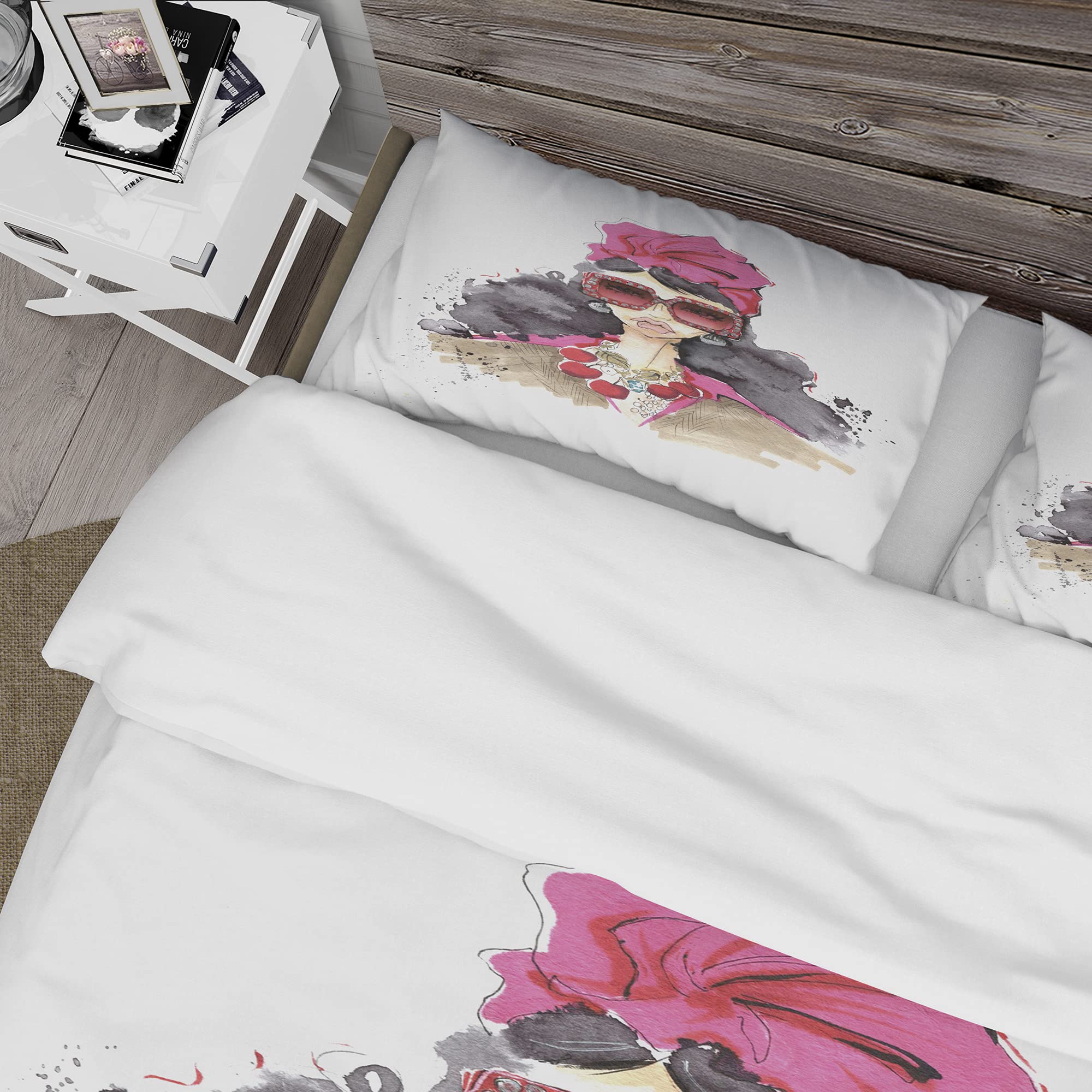 Trendy Girl in Sunglasses Duvet Cover Set Queen Size - Modern & Contemporary 3-Piece Bedding Set, All Season White Duvet Cover - Perfect for Teen Girls' Room, Dorm Decor & Cozy Bedroom Makeover