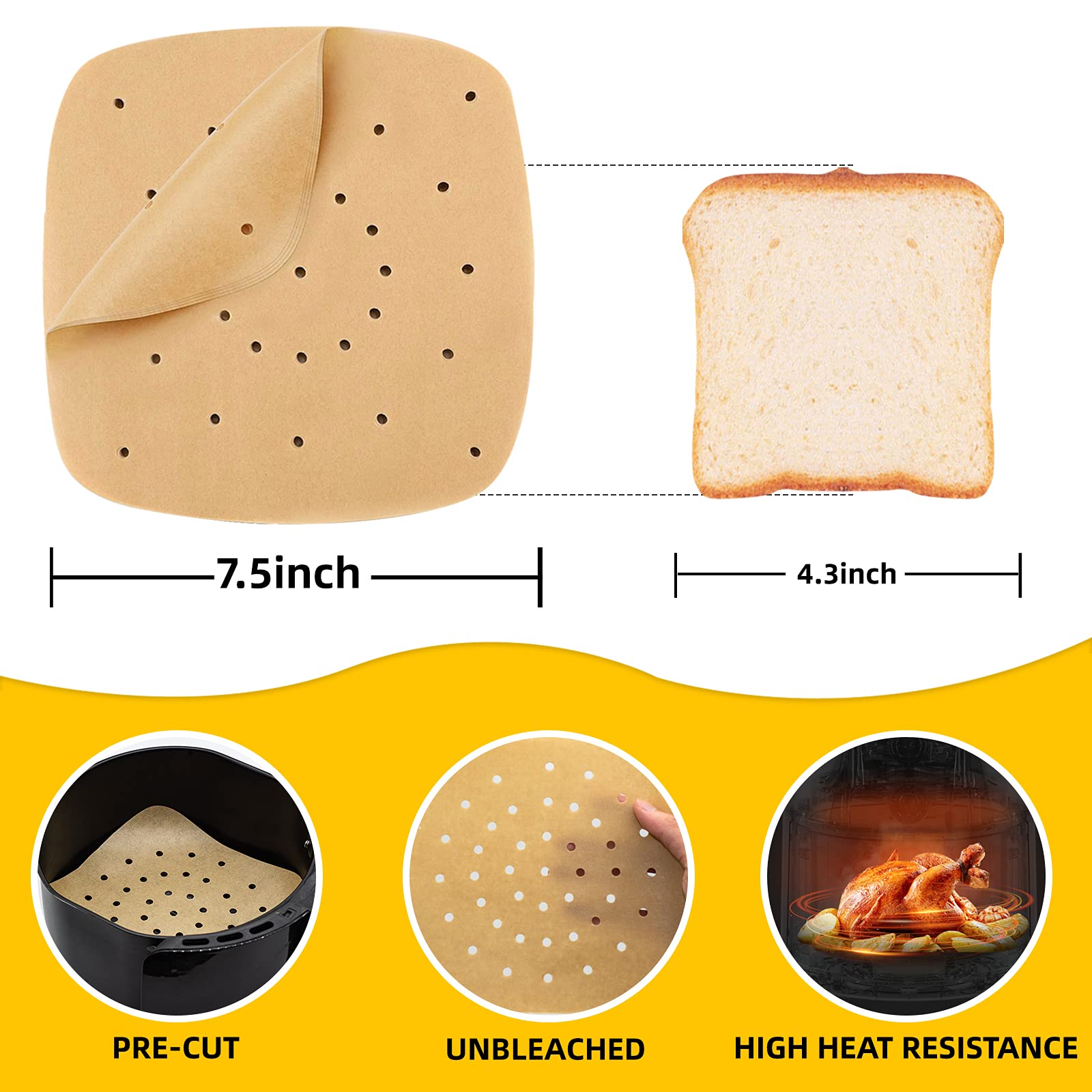 Katbite 200-Pack Unbleached 6.5 Inch Square Air Fryer Parchment Paper Liners - Heavy Duty Perforated Baking Sheets for Air Fryers, Ovens, Steaming Baskets & Bamboo Steamers - Perfect for Healthy Cooking & Easy Cleanup