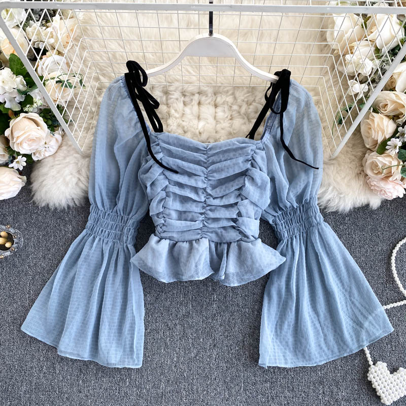 Fairy Puff Sleeve Pleated Cropped Chiffon Blouse for Women - Elegant Flowy Summer Tops for Casual Wear, Date Night & Office Outfits