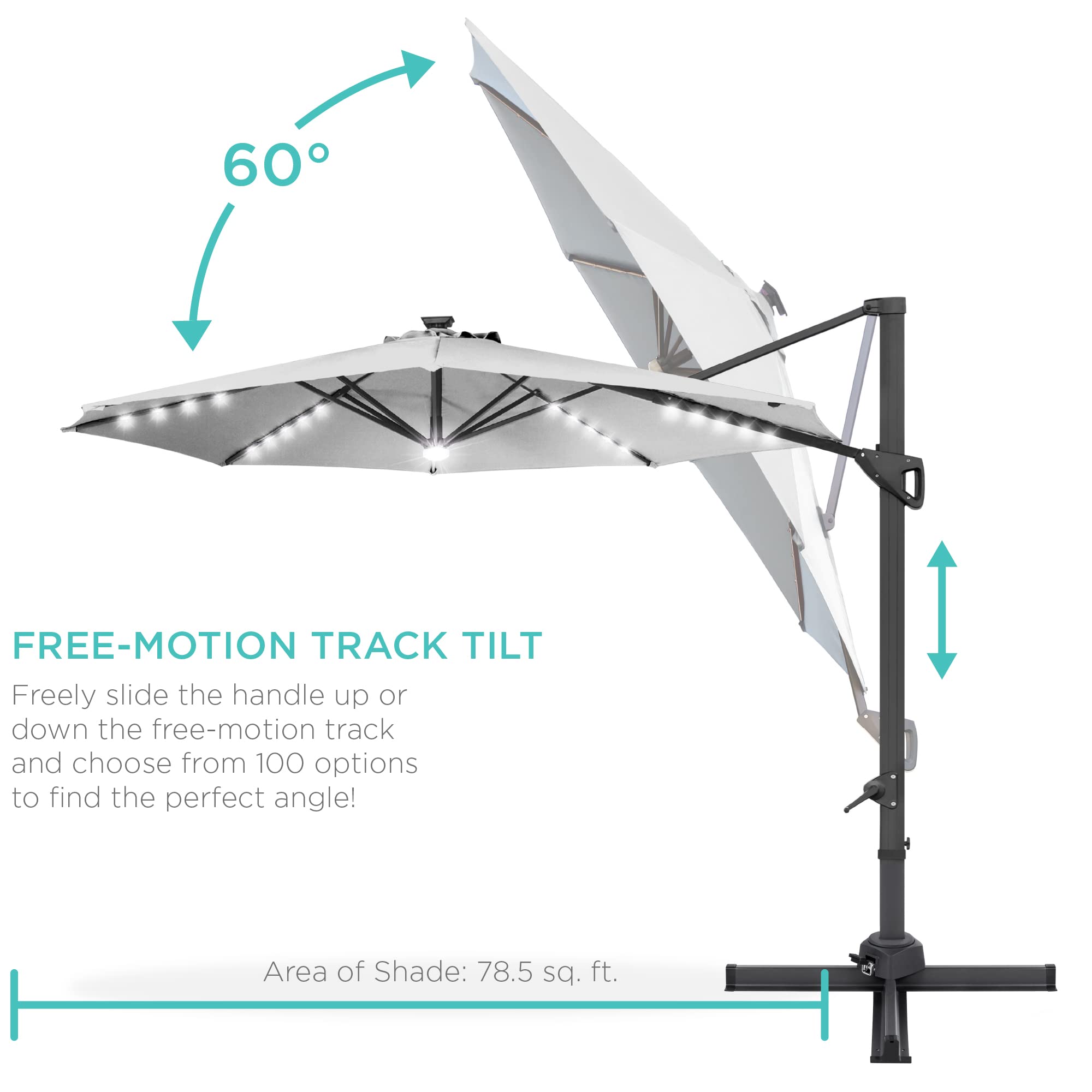 Best Choice Products 10ft Solar LED Cantilever Patio Umbrella - 360° Rotating Hanging Offset Outdoor Sun Shade with Lights for Backyard, Deck, Poolside - Easy Tilt & Cross Base - Perfect for Outdoor Dining, Lounging and Summer Entertaining