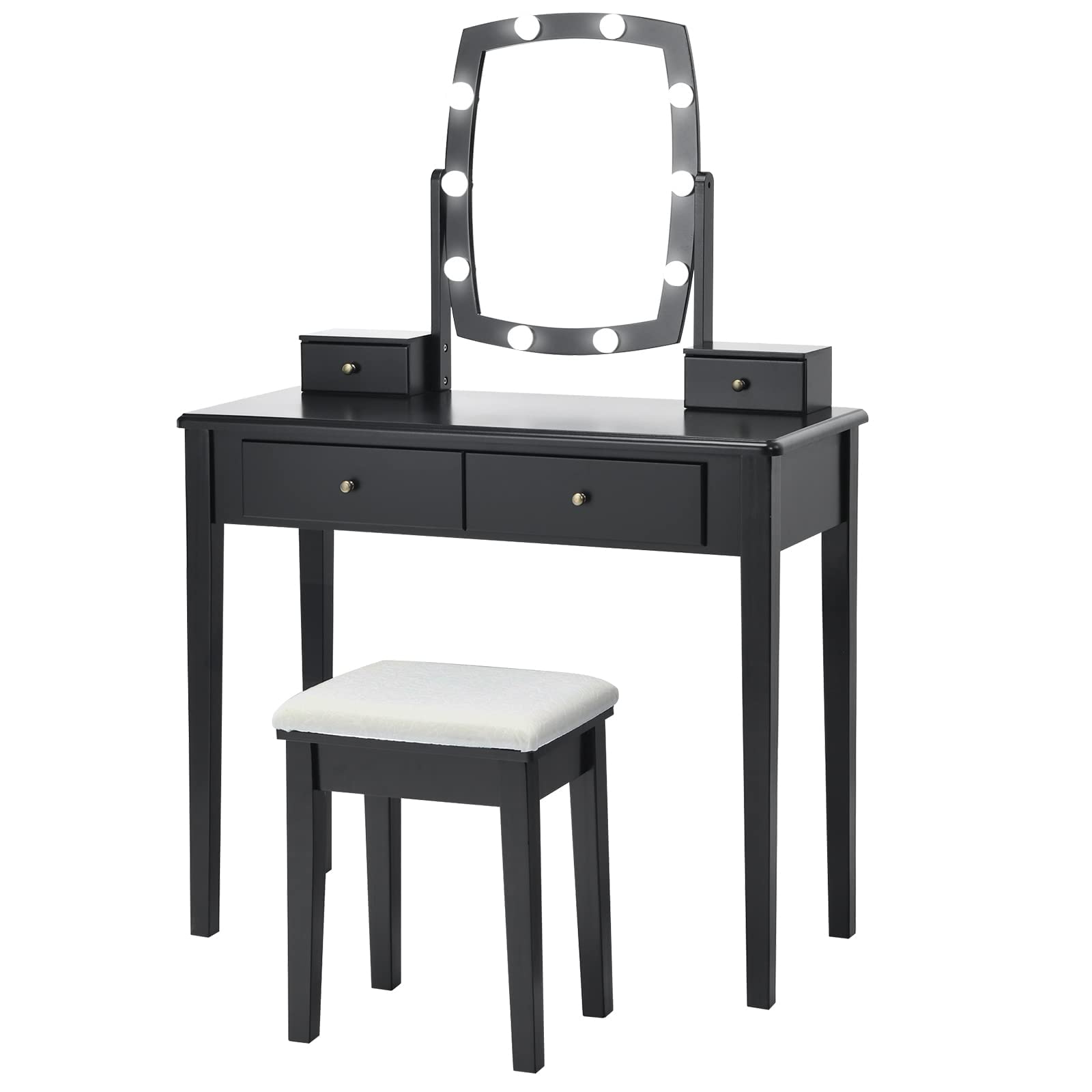 Charmaid Girls Makeup Vanity Desk with LED Mirror Lights - 10 Bulbs, 3 Lighting Modes, 4 Storage Drawers & Stool - Modern Dressing Table for Bedroom, Teen Room & Beauty Salon (Black)