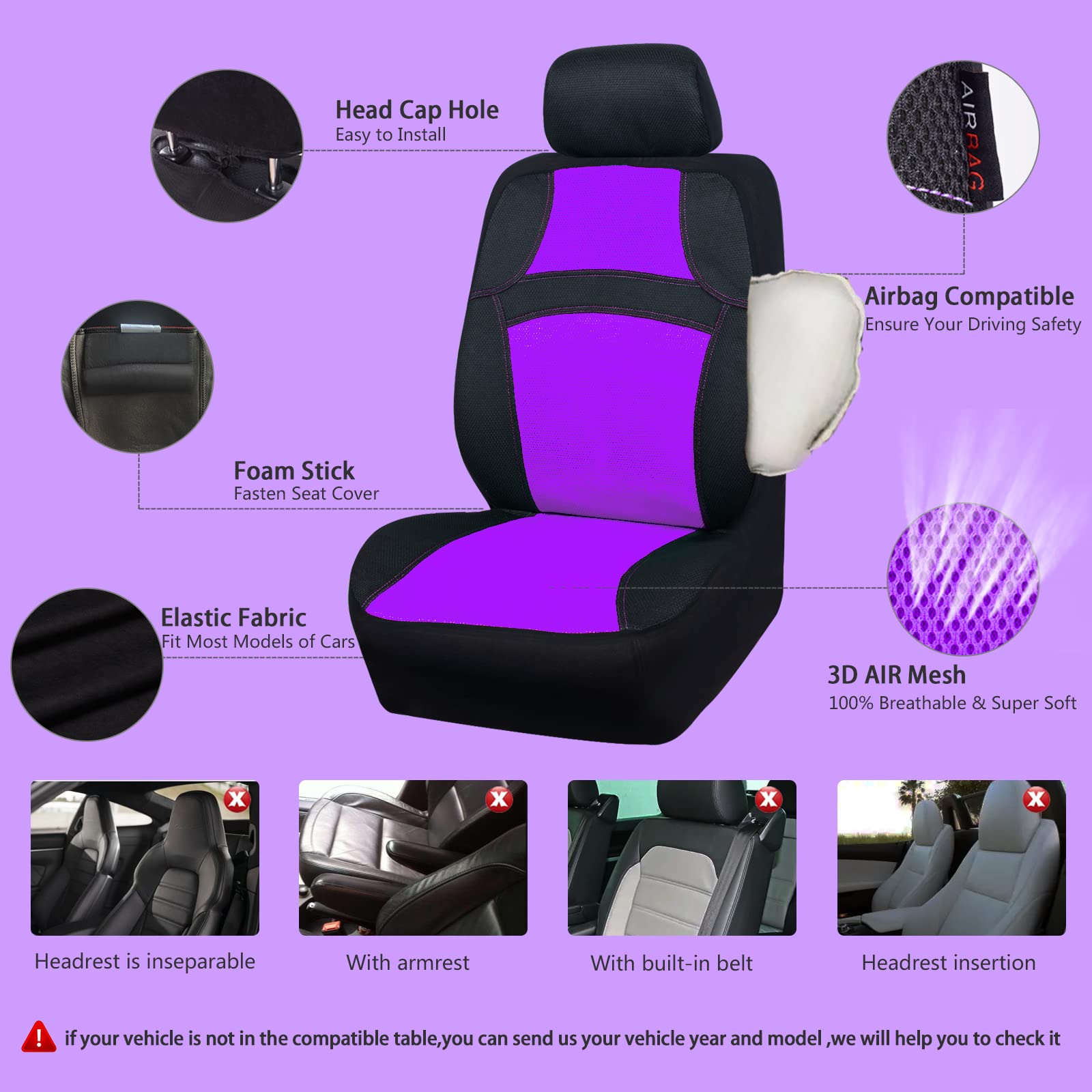 Universal 13PCS 3D Air Mesh Seat Covers Set - Breathable for SUV & Truck - Black/Purple for Women Drivers