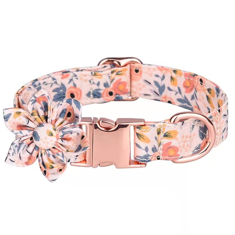 KAPU PET Custom Floral Engraved Dog Collar with Personalized Gold Buckle - Orange Flower Pattern Adjustable Collar for Small Female Dogs - Perfect for Weddings, Photo Shoots & Special Occasions