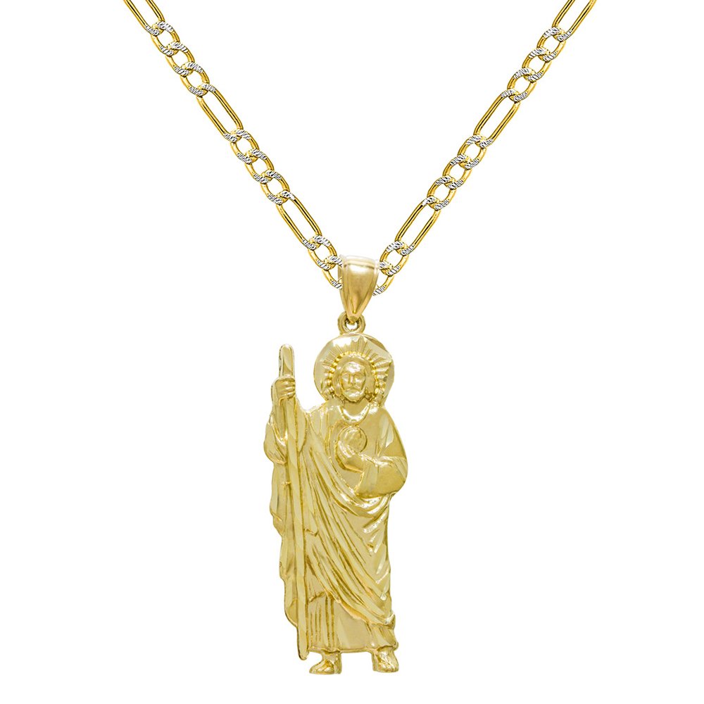 14K Yellow Gold San Judas (St. Jude) Charm Pendant Necklace with 2.3mm White Pave Figaro Chain - Religious Jewelry for Protection & Faith - Perfect for Gifts, Daily Wear & Special Occasions
