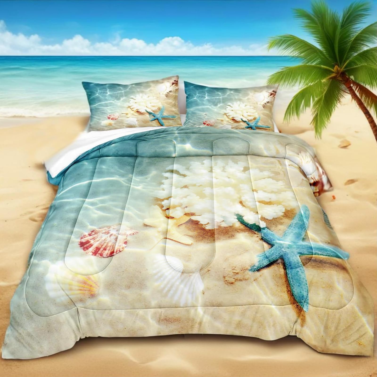 Soft Microfiber Fluffy Twin Size Coastal Comforter Set - 3 Piece Beach Themed Bedding with Sea Life & Starfish Design | All-Season Comfort for Guest Rooms, Beach Houses & Coastal Decor