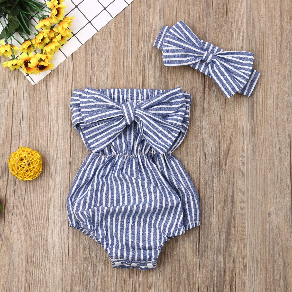 Adorable Newborn Baby Girl Romper Set - Striped Off-Shoulder Jumpsuit with Bowknot & Headband | Perfect for Photo Shoots, Birthday Parties & Everyday Outfits