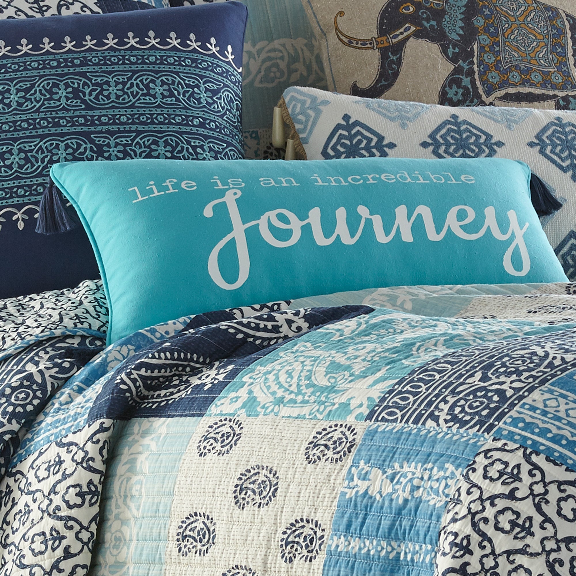 Chandra Teal Journey Tassel Pillow - Bohemian Decorative Throw Pillow Cover for Living Room, Bedroom & Outdoor Use