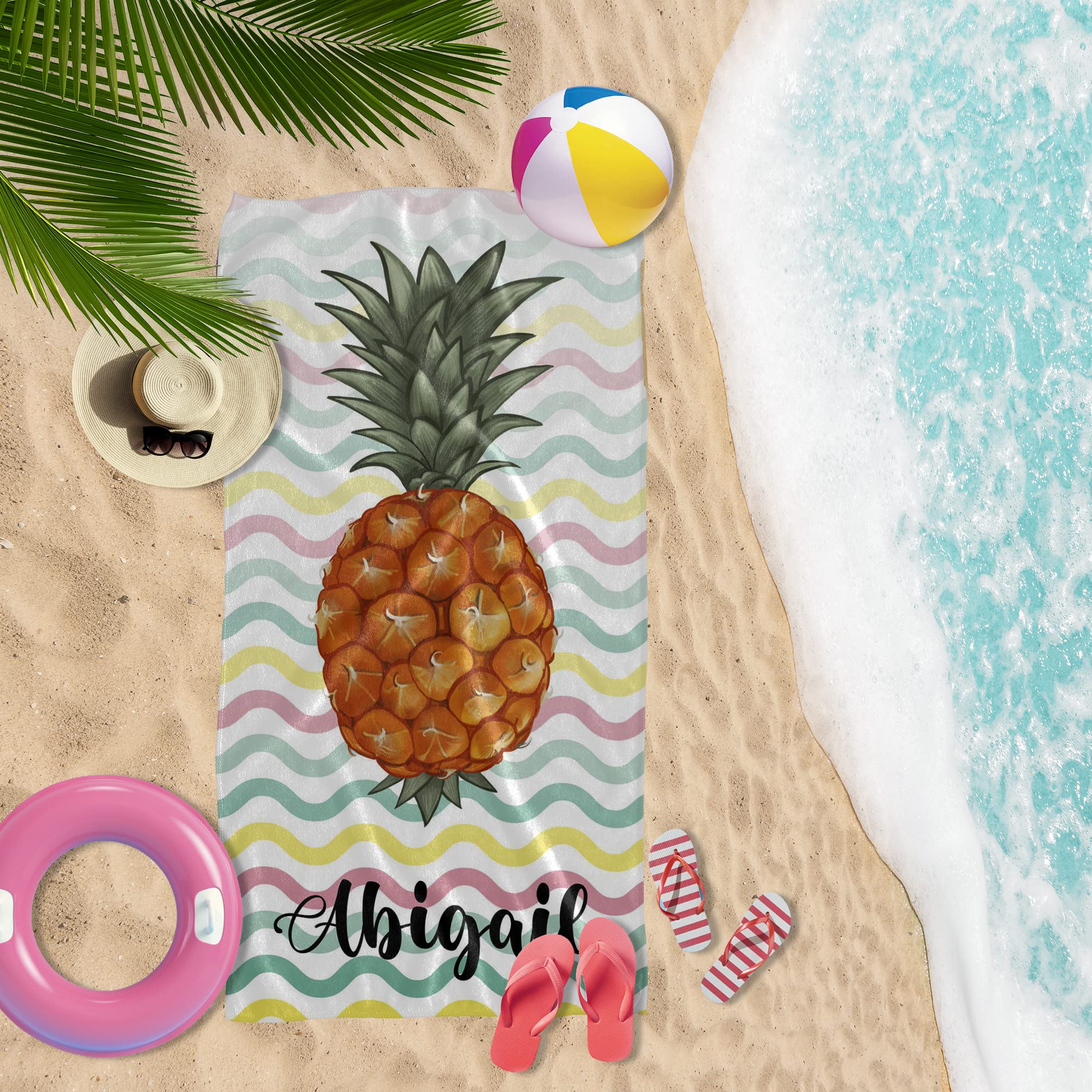 Custom Personalized Beach Towels with Names - 30x60 Inch Floral Print Striped Towel for Women, Kids, Girls & Boys | Cute Fruit Design Summer Beach Towel for Pool, Vacation & Outdoor Activities